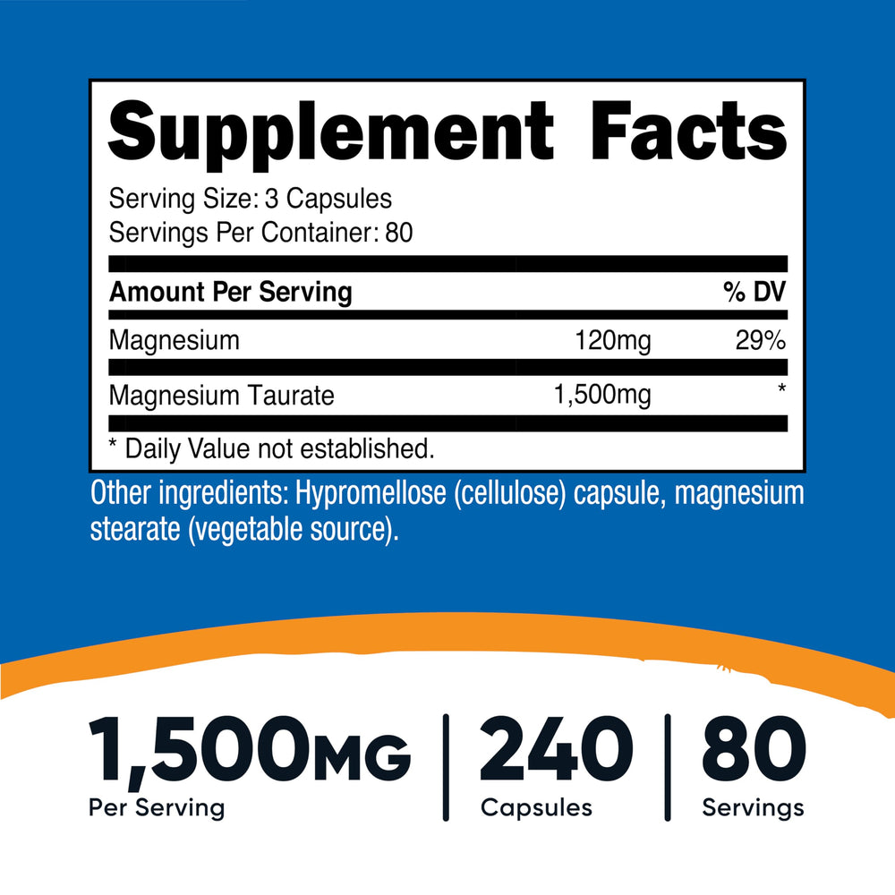 Closeup of Nutricost Magnesium Taurate capsules highlighting a potent, easy-to-take supplement