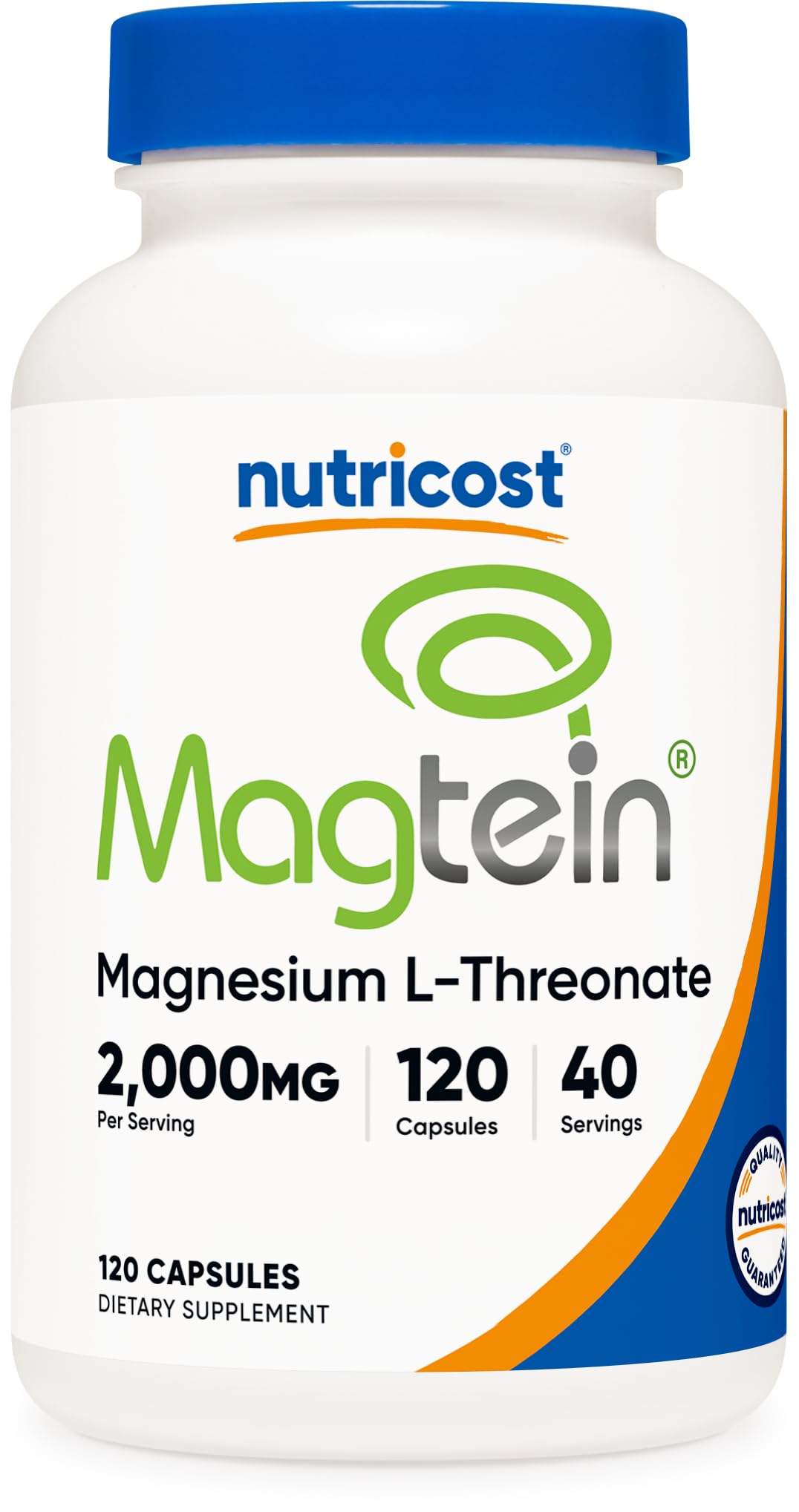 Nutricost Magtein bottle view highlighting daily magnesium L-threonate supplementation.