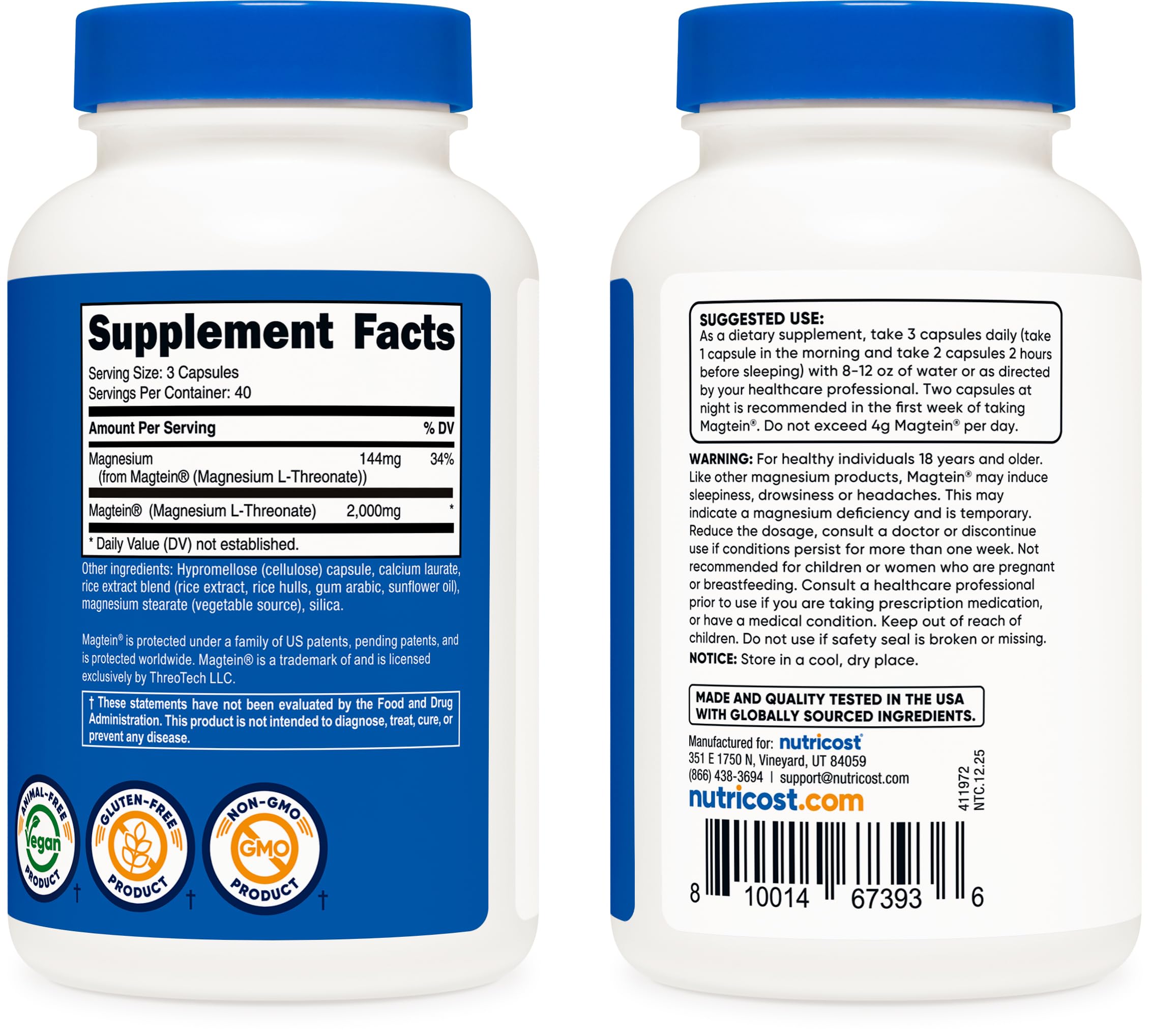 Nutricost Magtein serving triple capsules demonstrates the 3-capsule serving size.