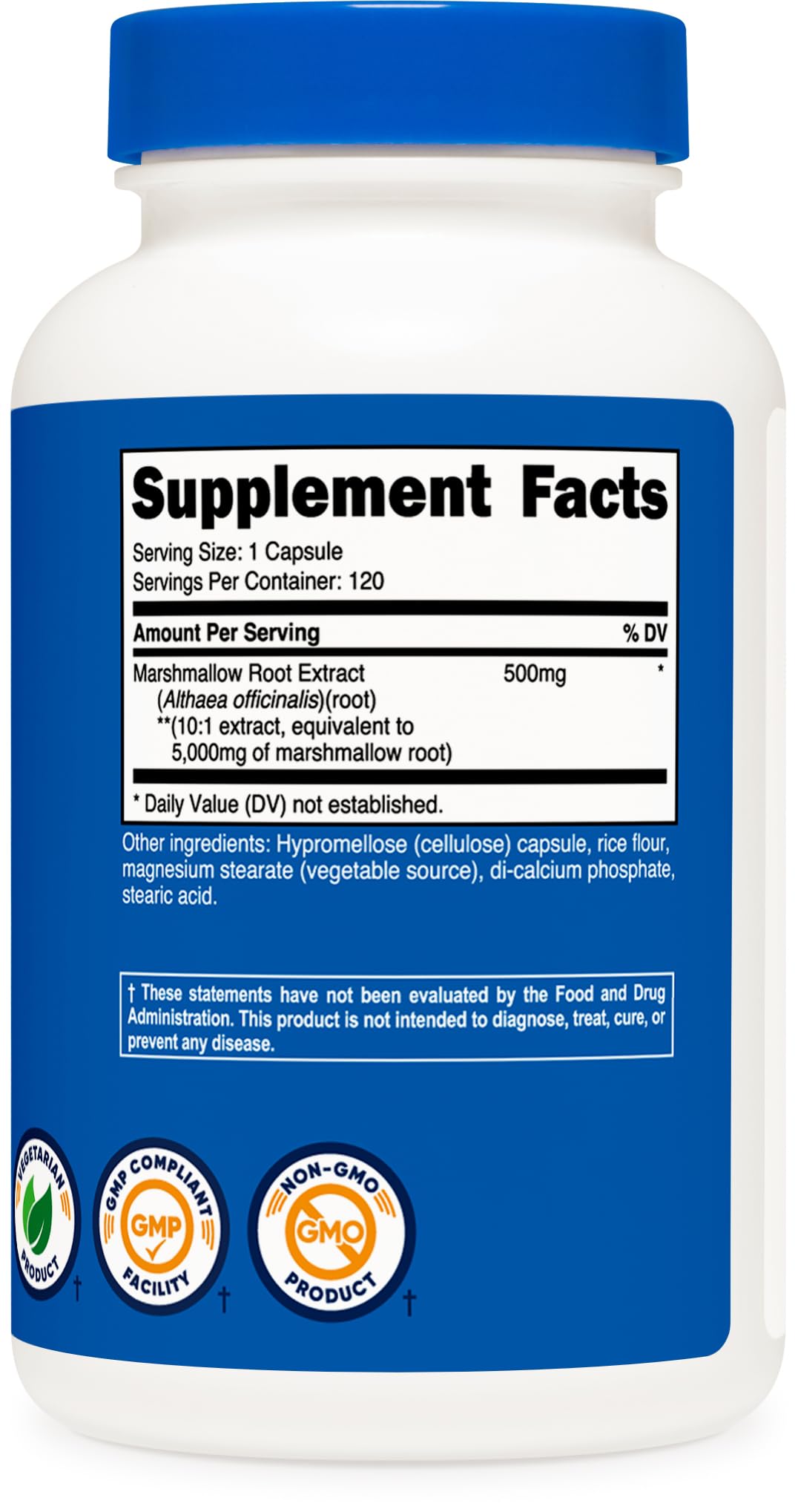 Nutricost Marshmallow Root label shows ISO-tested quality and third-party verification.