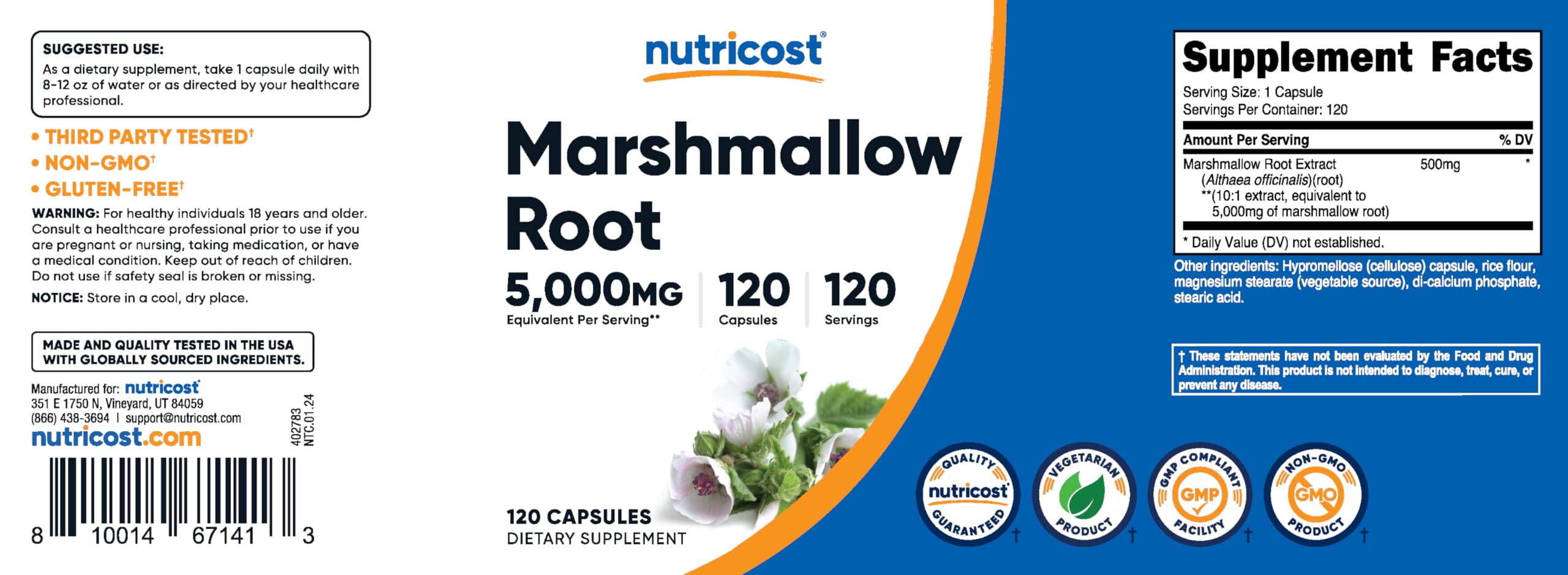 Nutricost Marshmallow Root vegetarian capsules, non-GMO and soy-free choice.