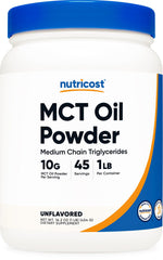 Nutricost MCT Oil Powder bottle with a 1-scoop serving for keto use.