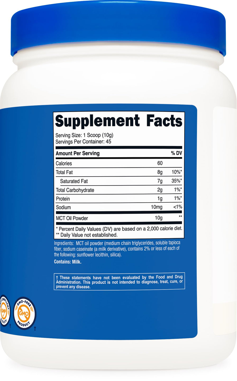 Nutricost MCT Oil Powder ingredients label shows non-GMO and gluten-free features.