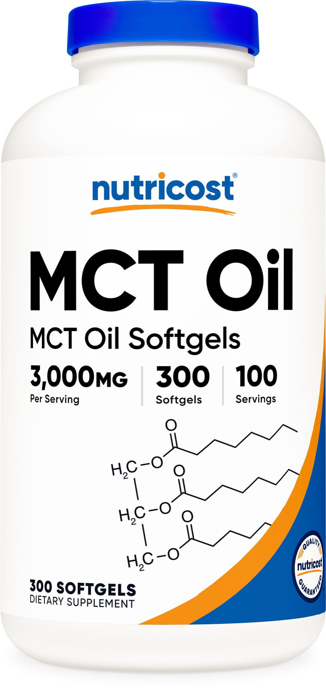 Nutricost MCT Oil Softgels bottle on a clean surface, keto-friendly energy support.