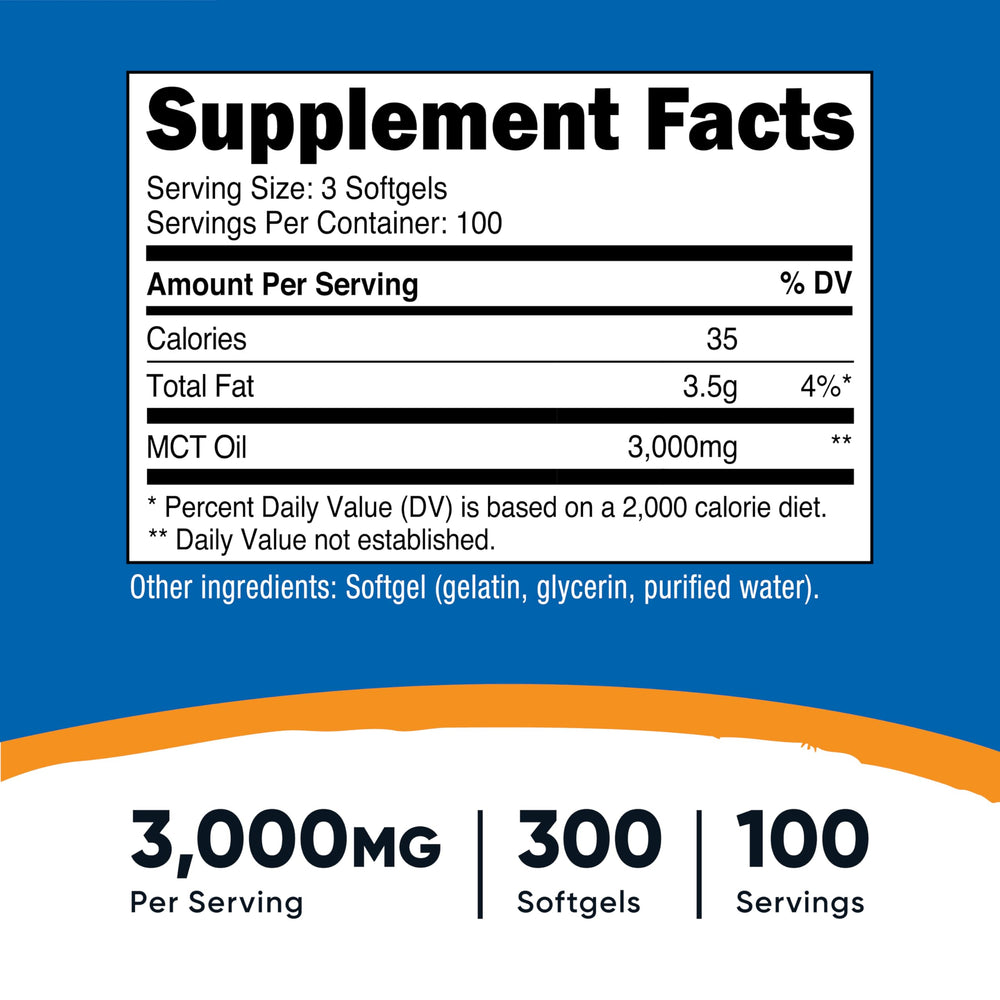 Close-up of softgels showing C8 and C10 MCT blend for quick energy.