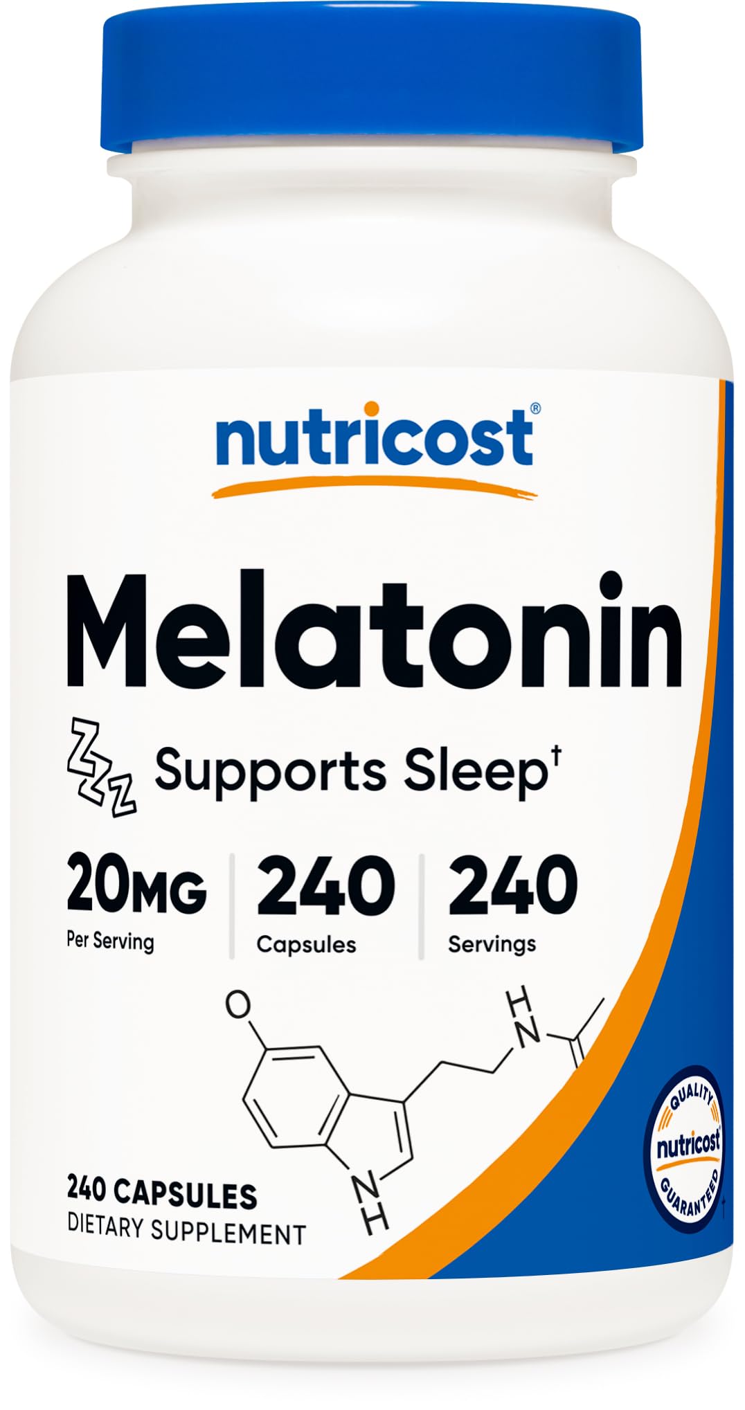 Nutricost Melatonin 20mg bottle—front view for easy nightly use.