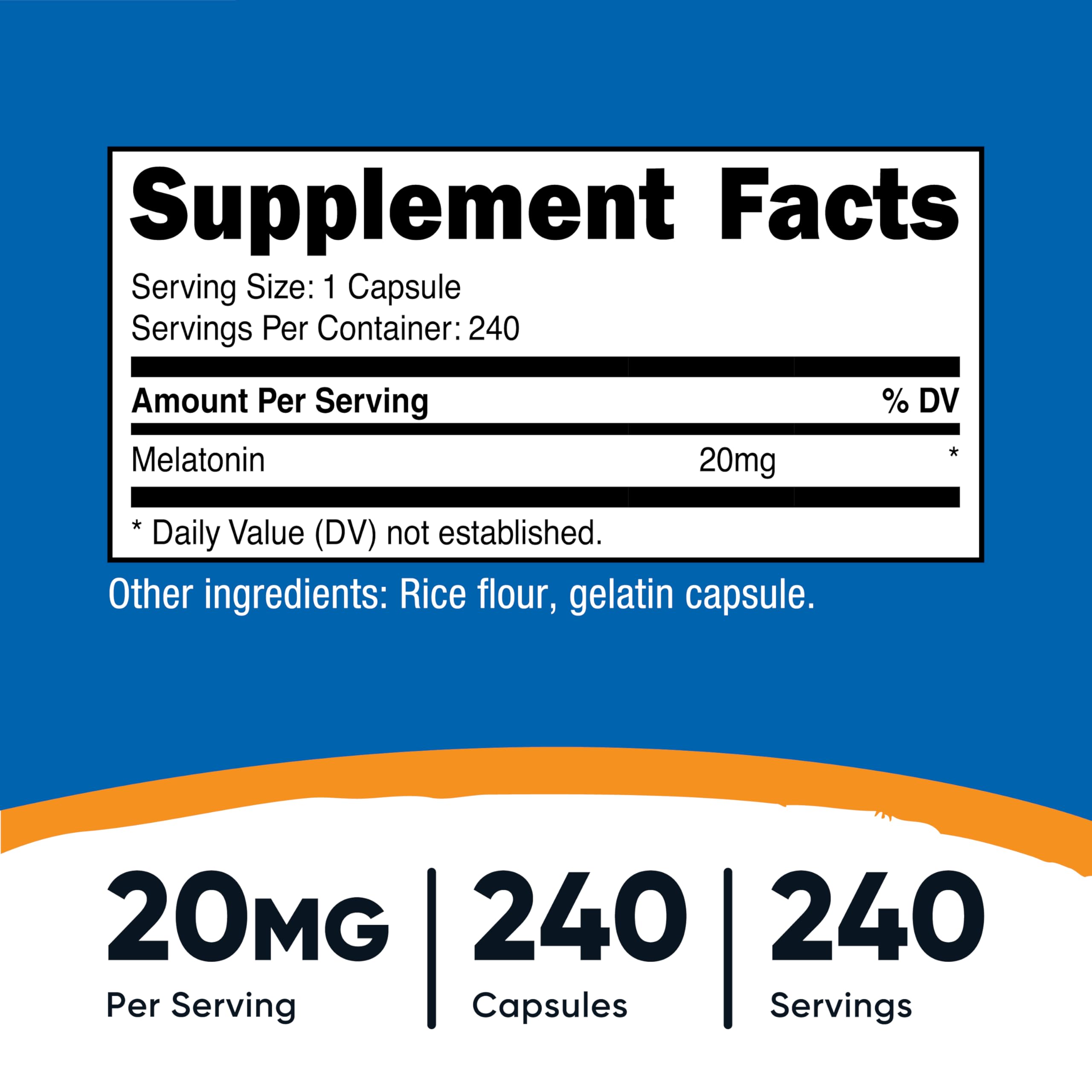 Nutricost Melatonin 20mg bottle side view highlights dosage and safety.