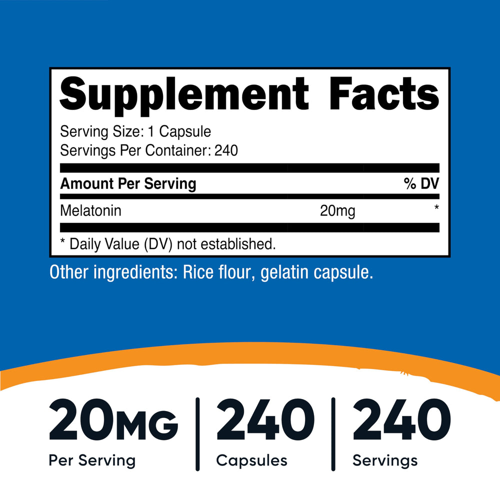 Nutricost Melatonin 20mg bottle side view highlights dosage and safety.
