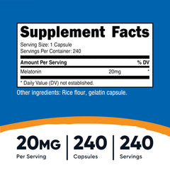 Nutricost Melatonin 20mg bottle side view highlights dosage and safety.