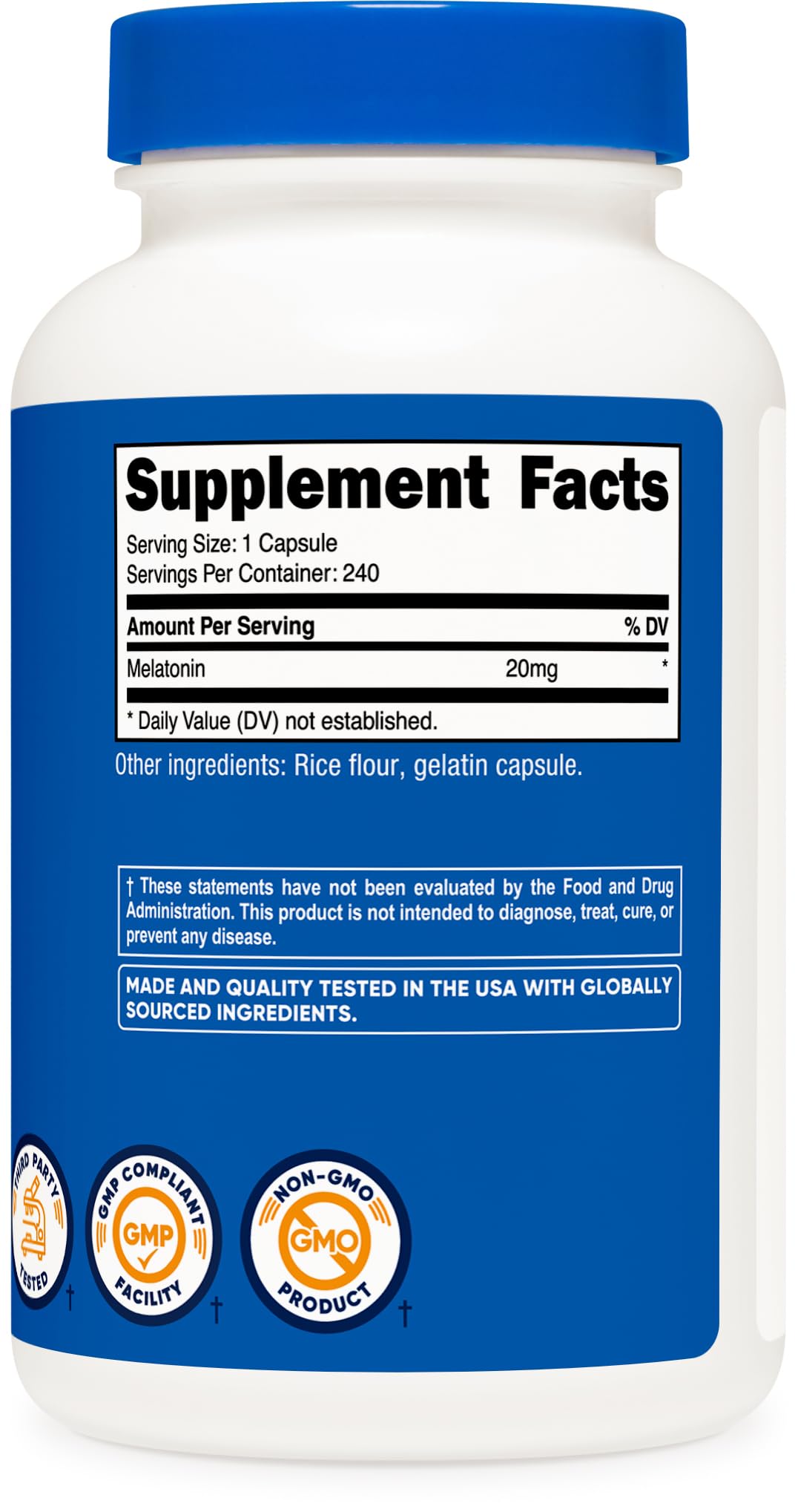 Nutricost Melatonin 20mg glass of water with bottle suggests nightly routine.