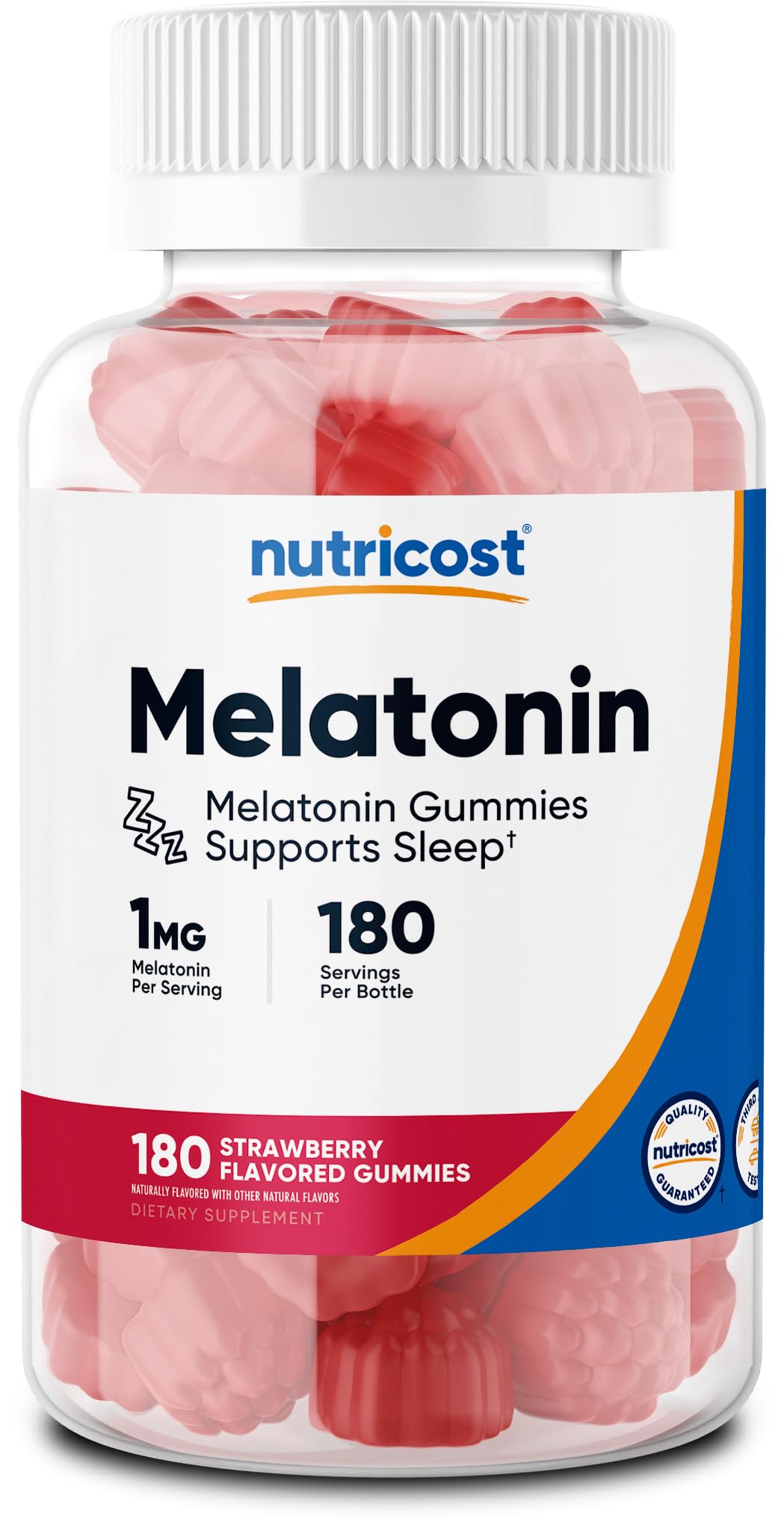 Nutricost Melatonin bottle with 180 gummies in view, convenient nightly dose option.