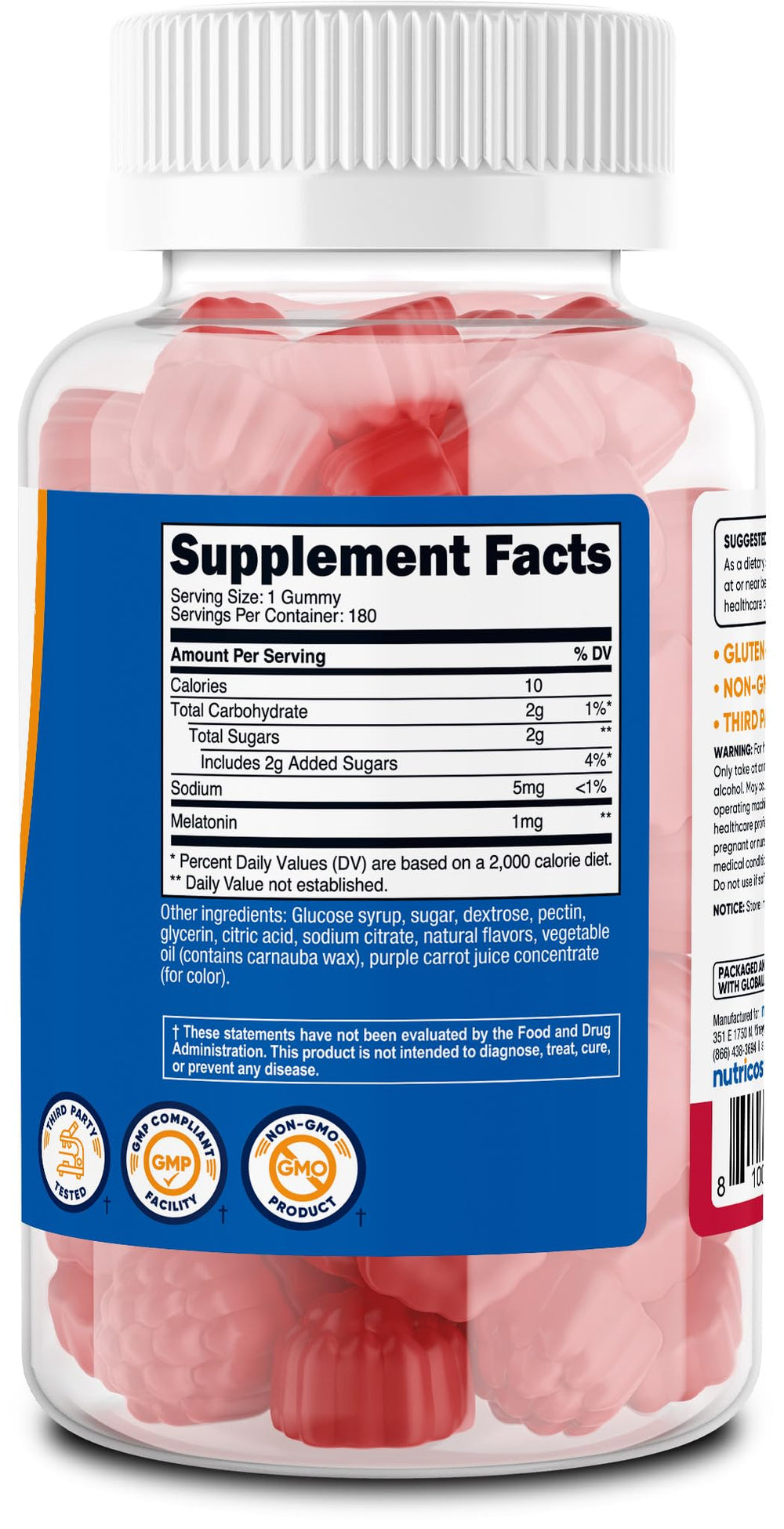 Nutricost Melatonin gummies texture closeup emphasizes strawberry flavor.