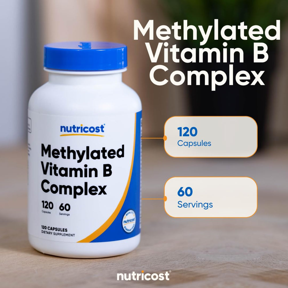 Nutricost Methylated B Complex bottle on a clean table for display.
