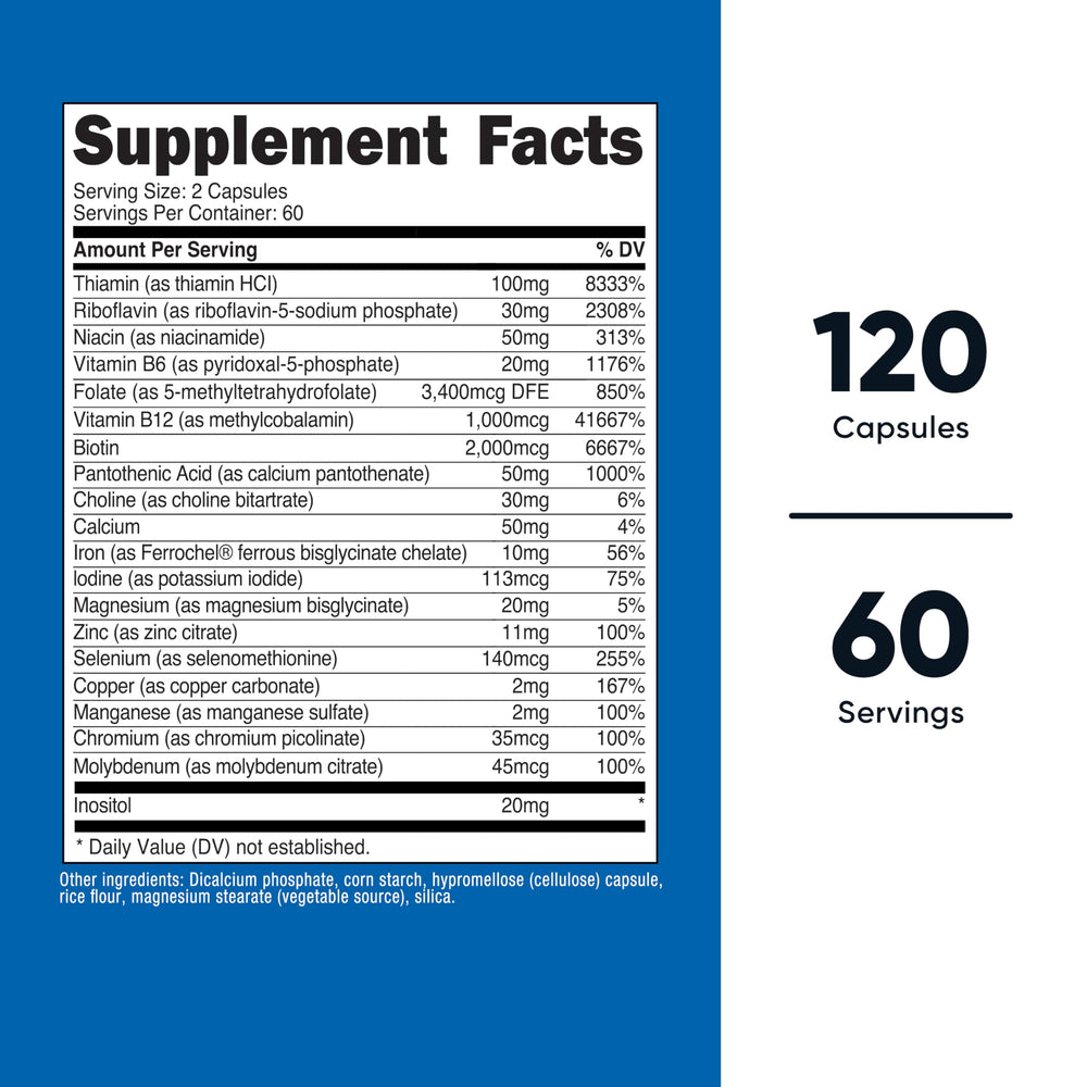 Nutricost Methylated B Complex bottle side shows serving size and label.