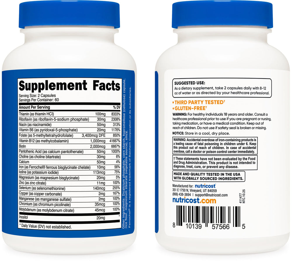 Closeup of Nutricost Methylated B Complex capsules indicating capsule quality.
