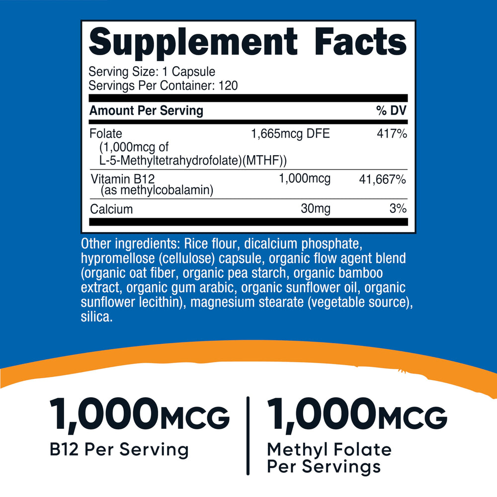 Close-up of Nutricost capsules highlighting 1,000 mcg B12 per serving