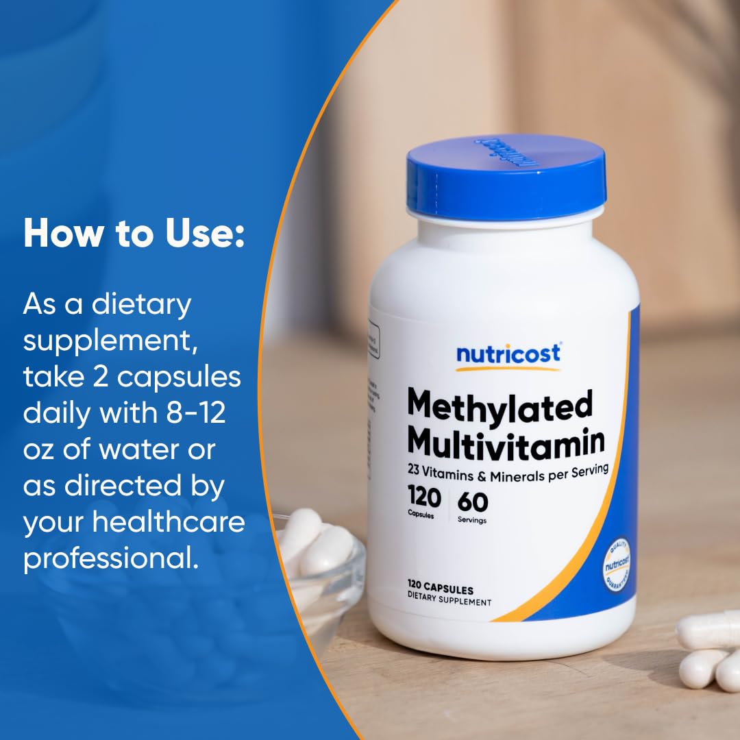 Nutricost Methylated Multivitamin back label with ingredients and suggested use.