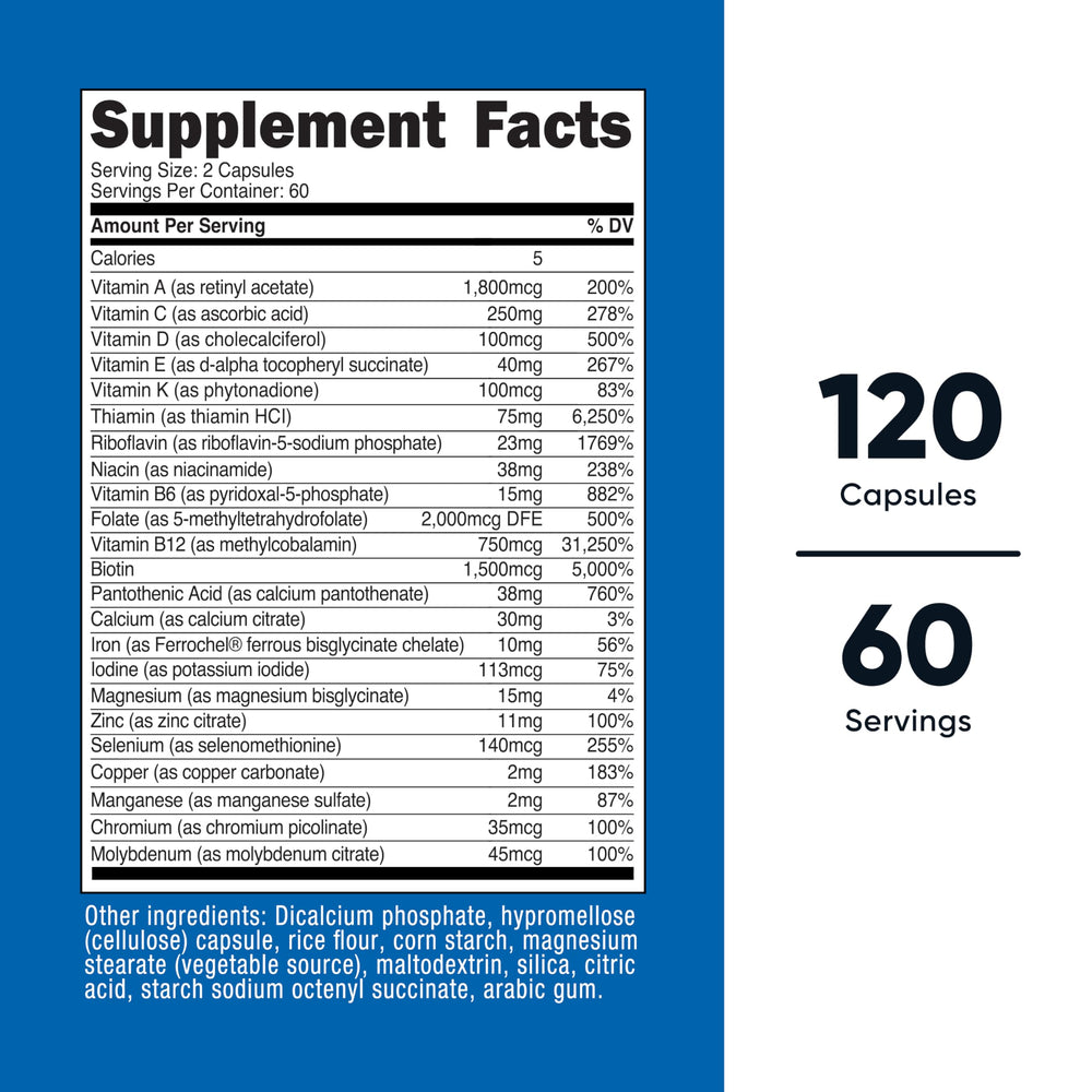 Nutricost Methylated Multivitamin capsules close-up highlighting two-capsule daily serving.