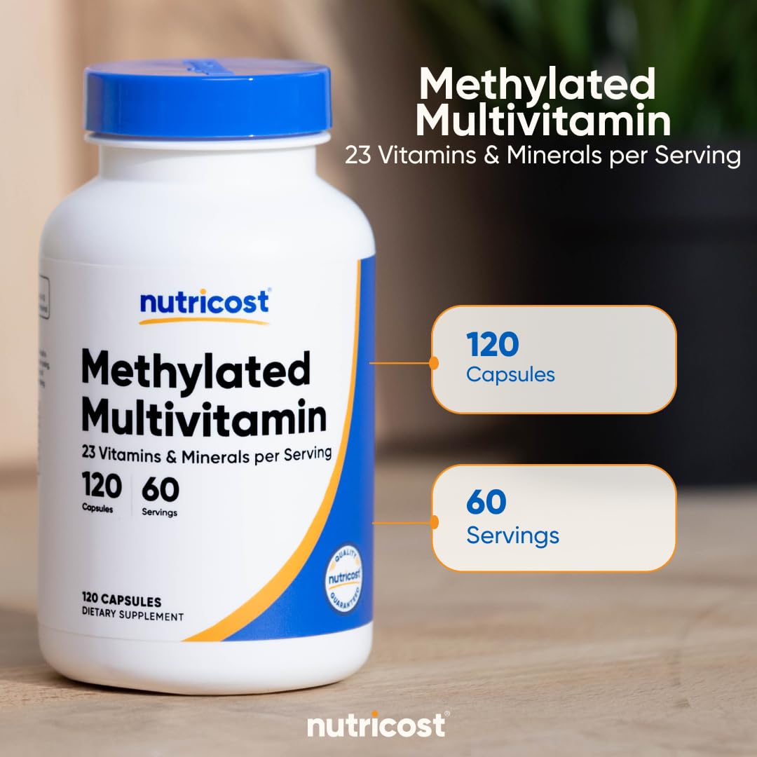 Nutricost Methylated Multivitamin bottle showing two-capsule serving and nutrient blend.