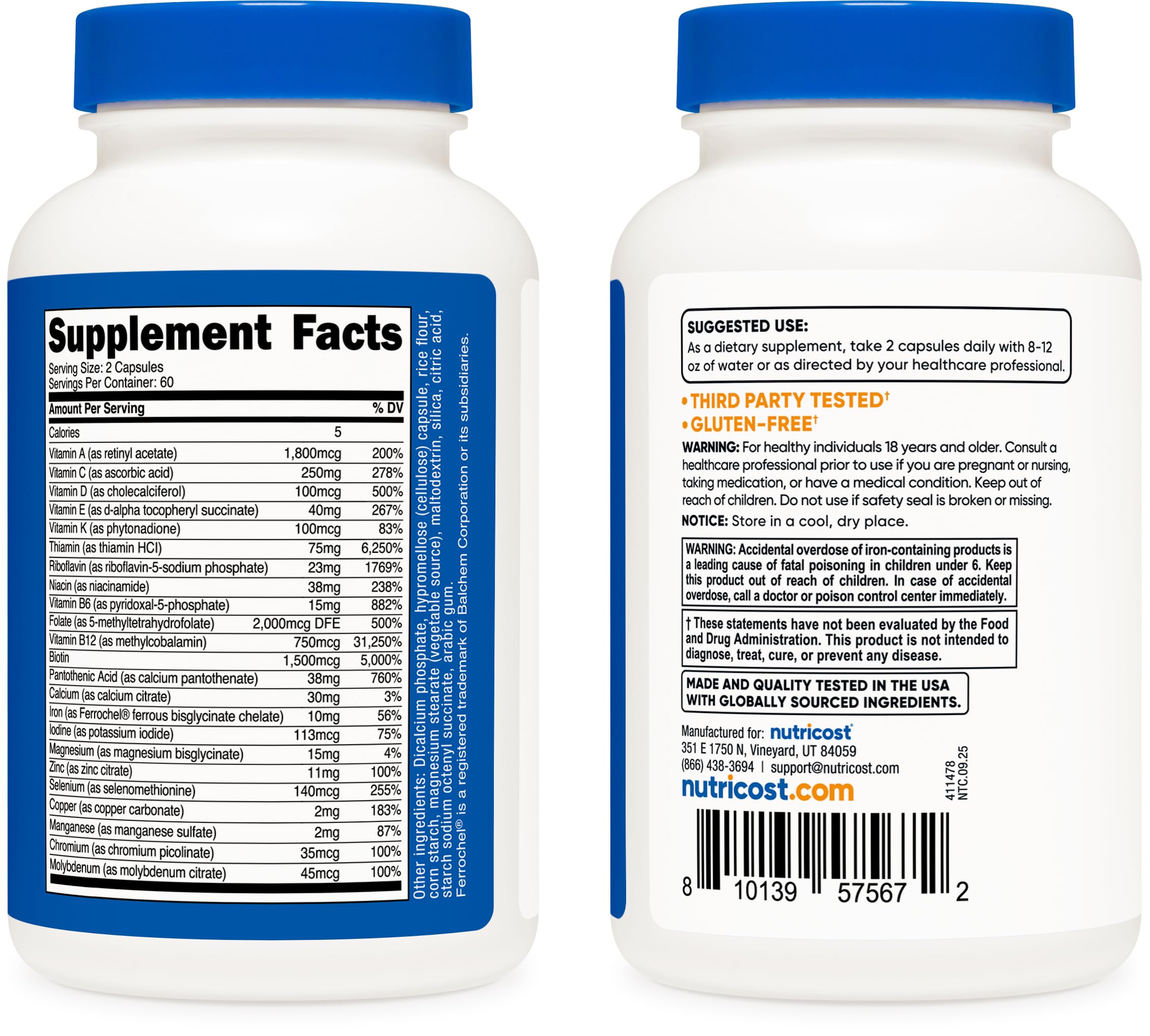 Nutricost Methylated Multivitamin third-party test badge for quality assurance.