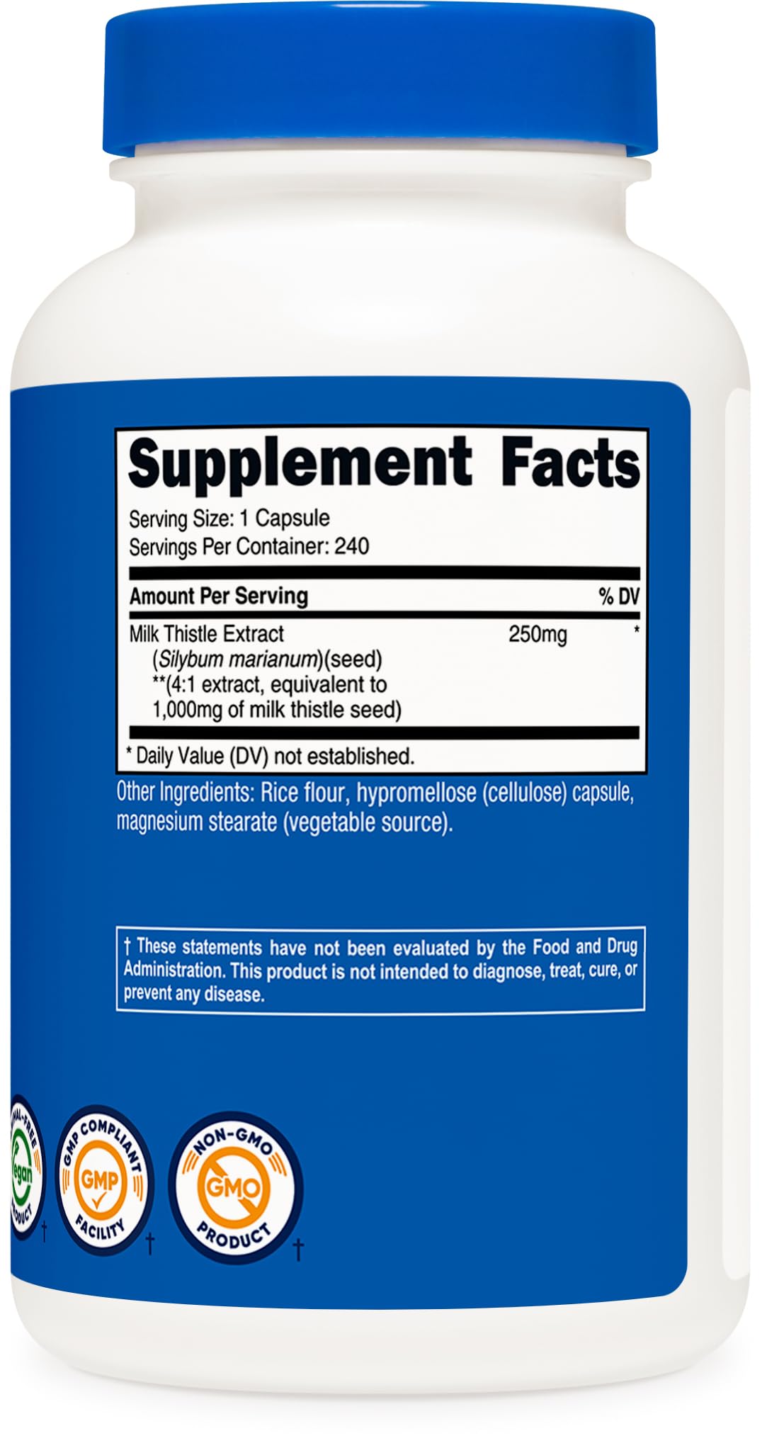 Nutricost Milk Thistle ingredients panel detailing natural, non-GMO formulation