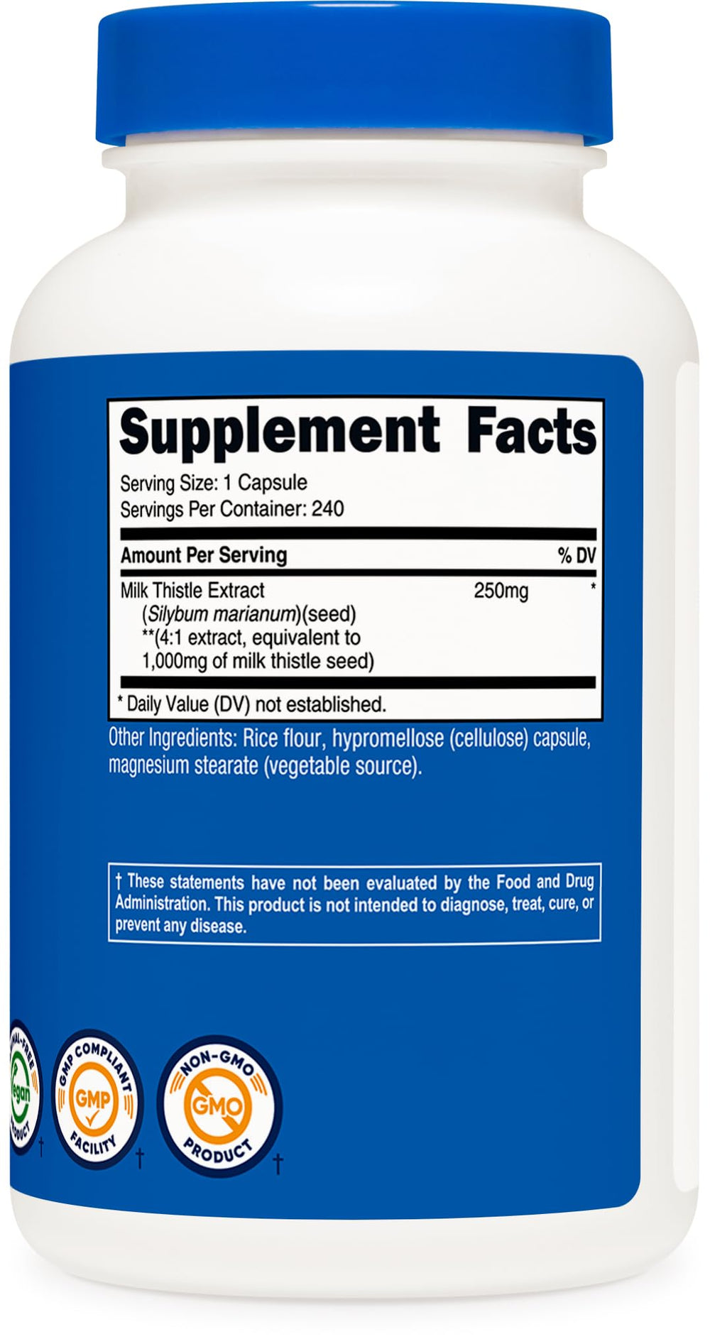 Nutricost Milk Thistle ingredients panel detailing natural, non-GMO formulation