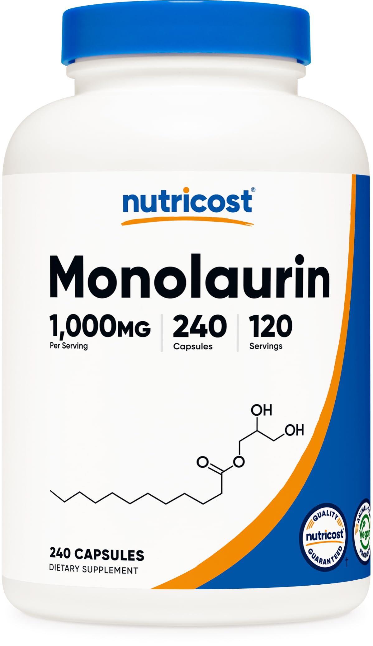 Nutricost Monolaurin 1000 mg bottle for convenient daily wellness support.