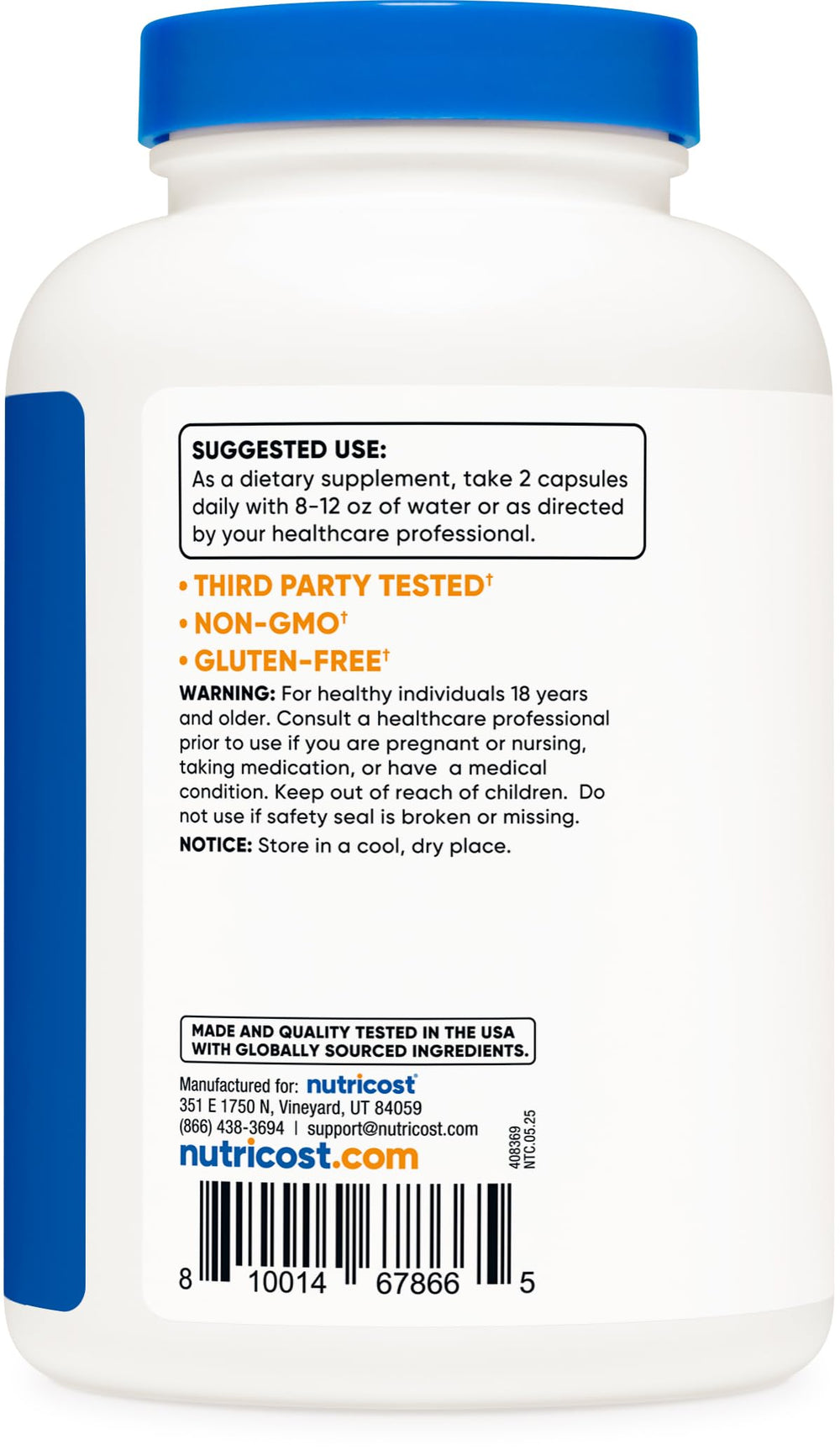 Clear label highlights quality and third-party testing for purity.