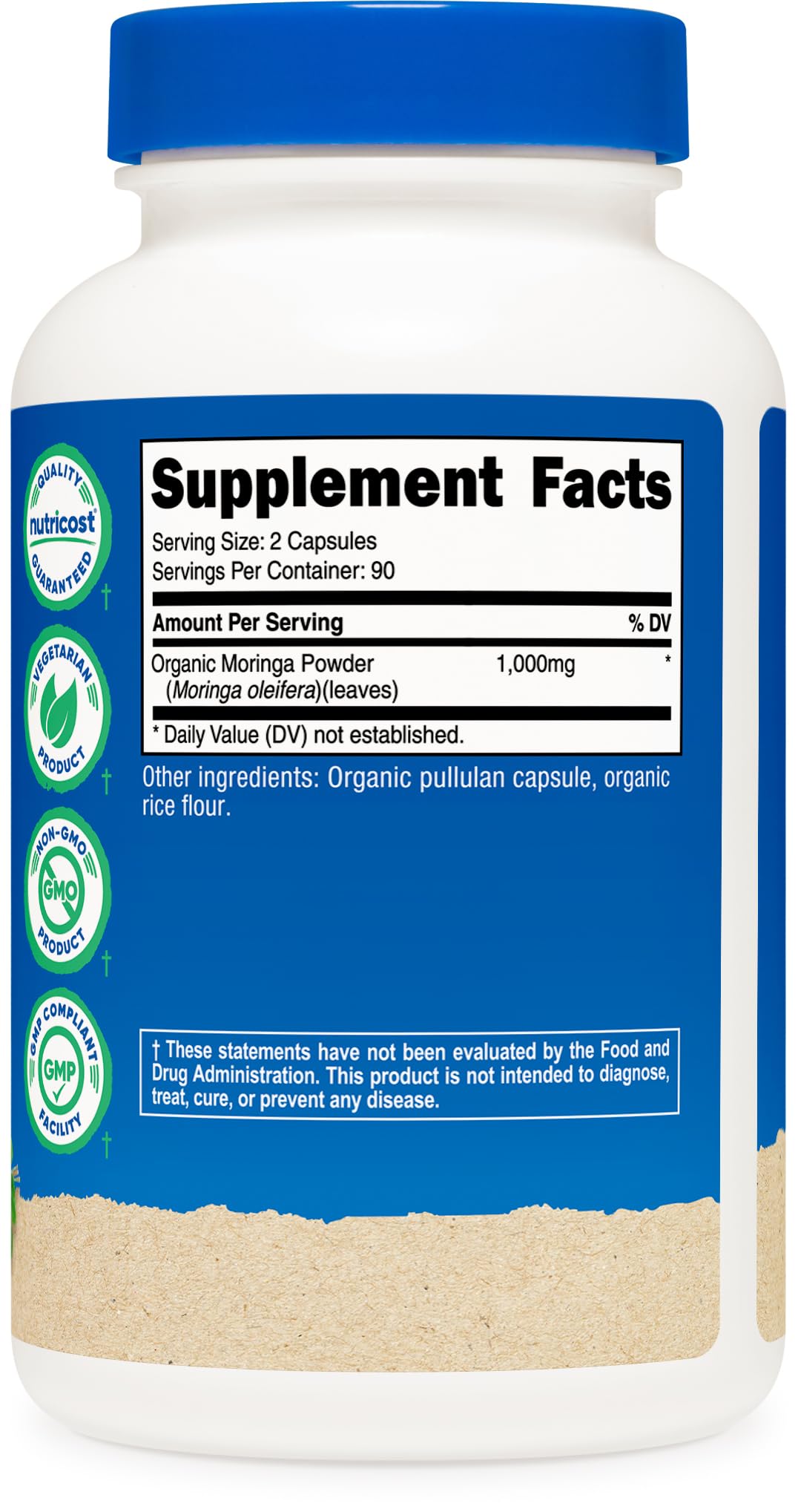 Nutricost Moringa bottle close-up emphasizes gluten-free and non-GMO quality.