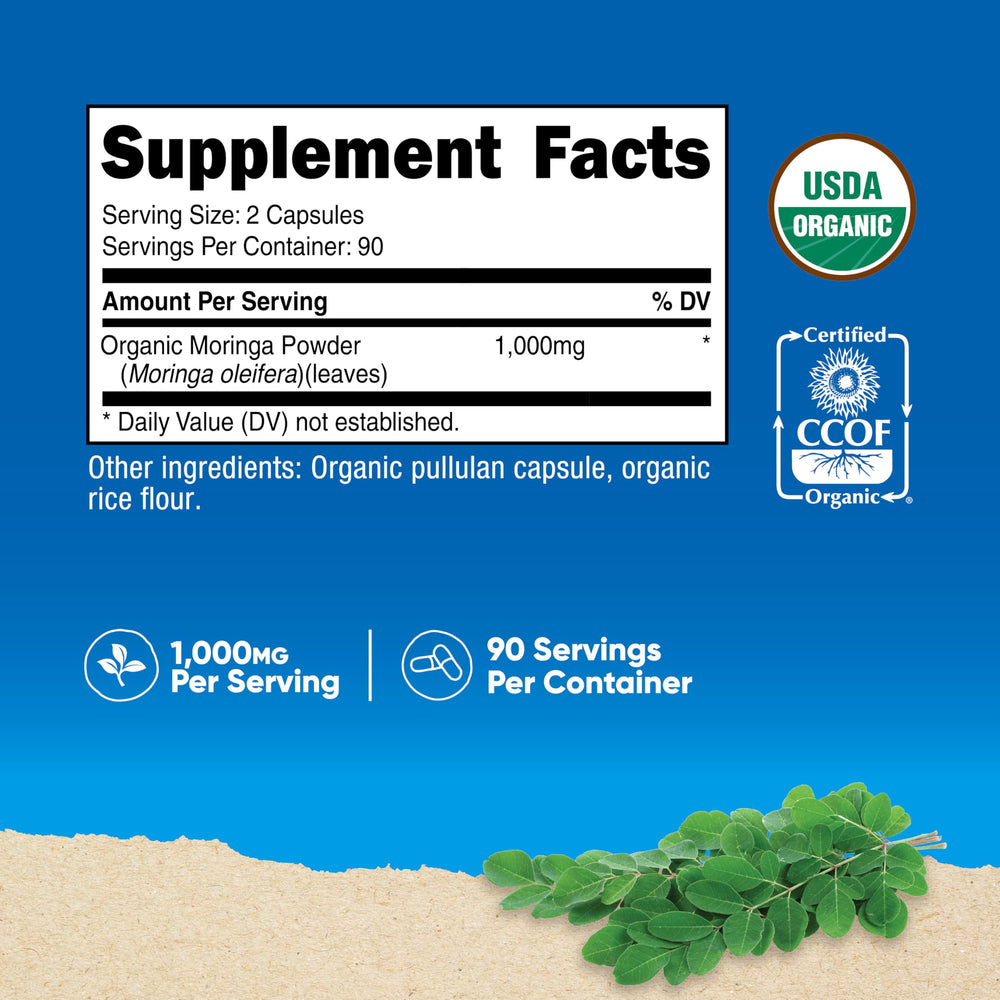 Nutricost Moringa capsules pour demonstrates an easy two-capsule serving.