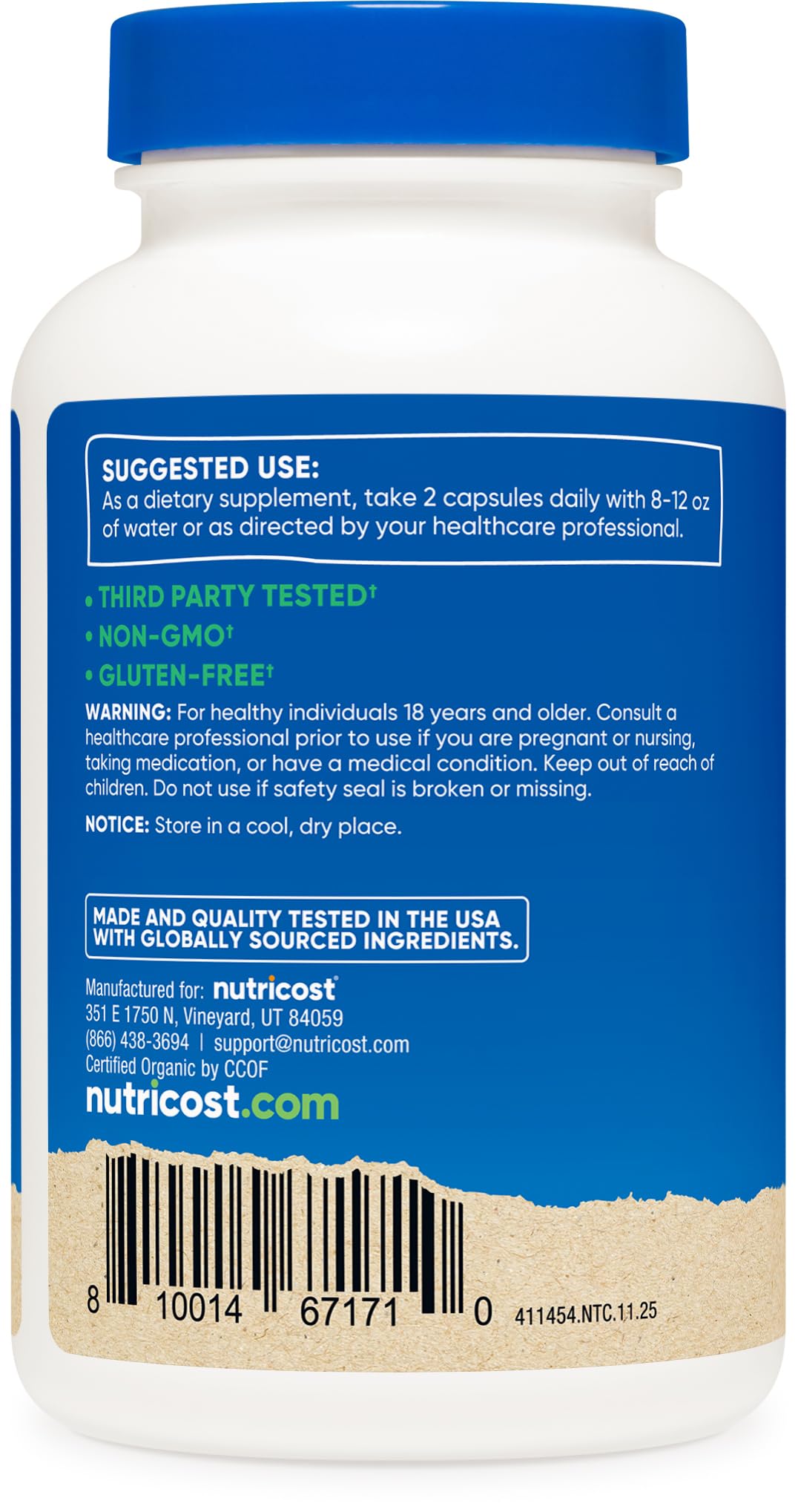 Nutricost Moringa capsules vegetarian label highlights plant-based choice.