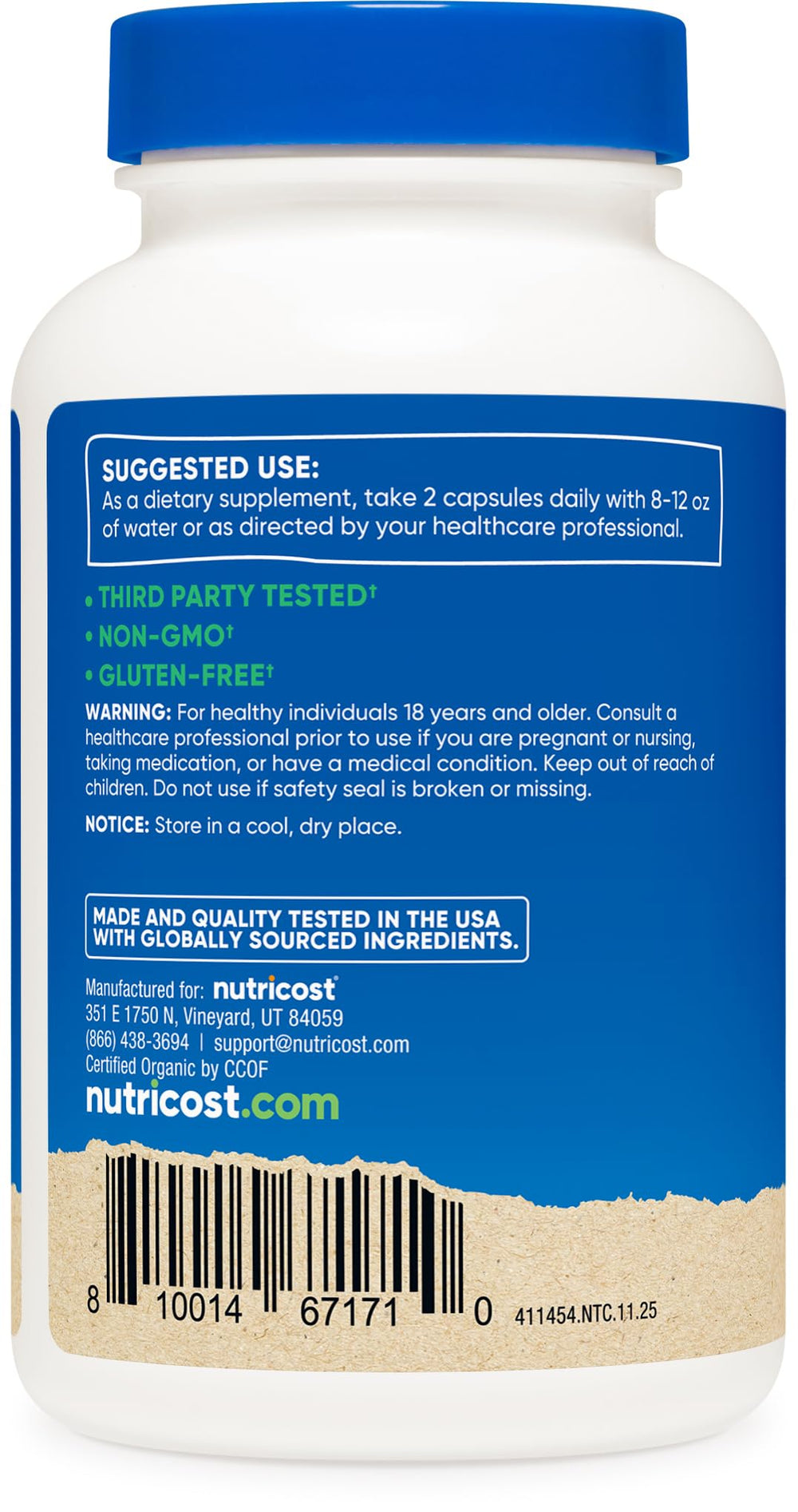 Nutricost Moringa capsules vegetarian label highlights plant-based choice.