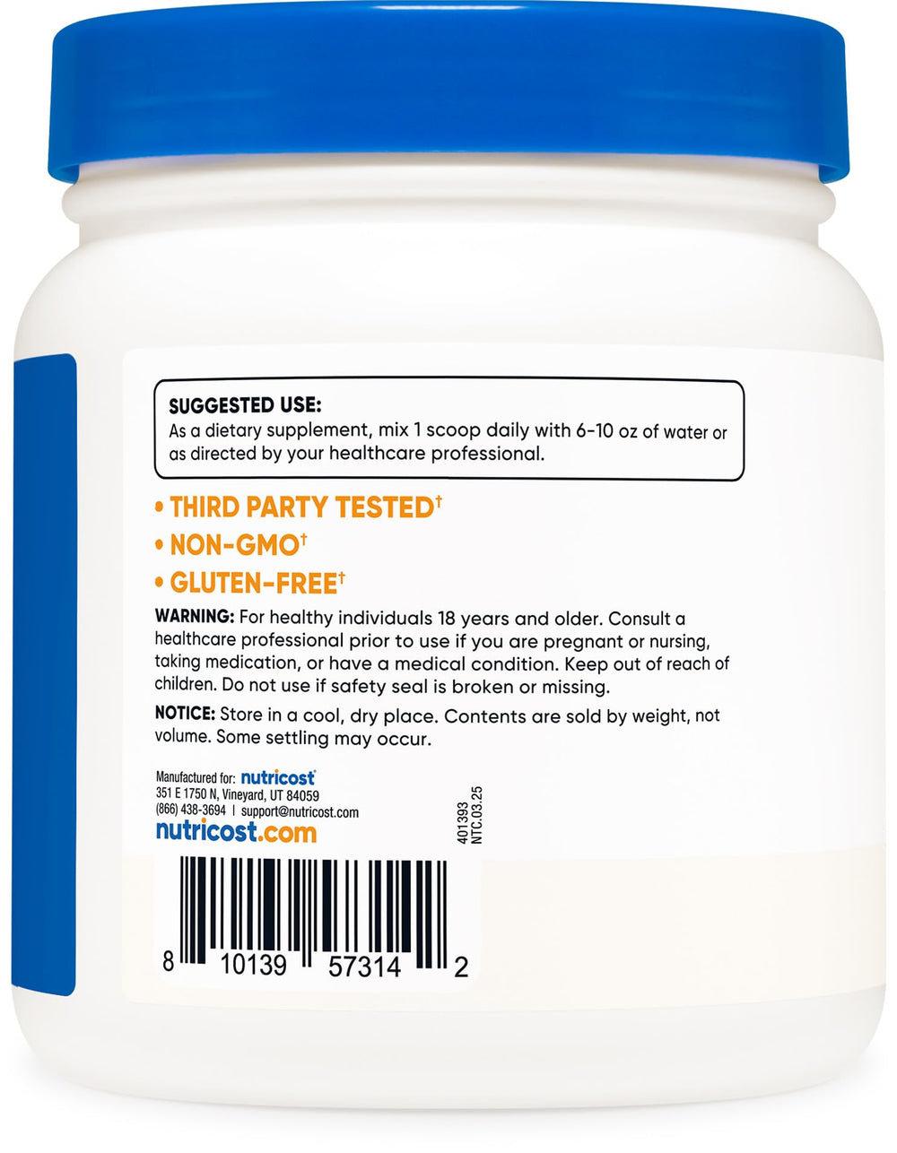 Nutricost MSM Powder bottle label highlights ingredients and GMP quality.