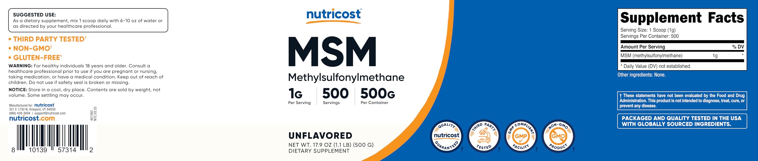 Nutricost MSM Powder sealed jar conveys freshness and shelf stability.