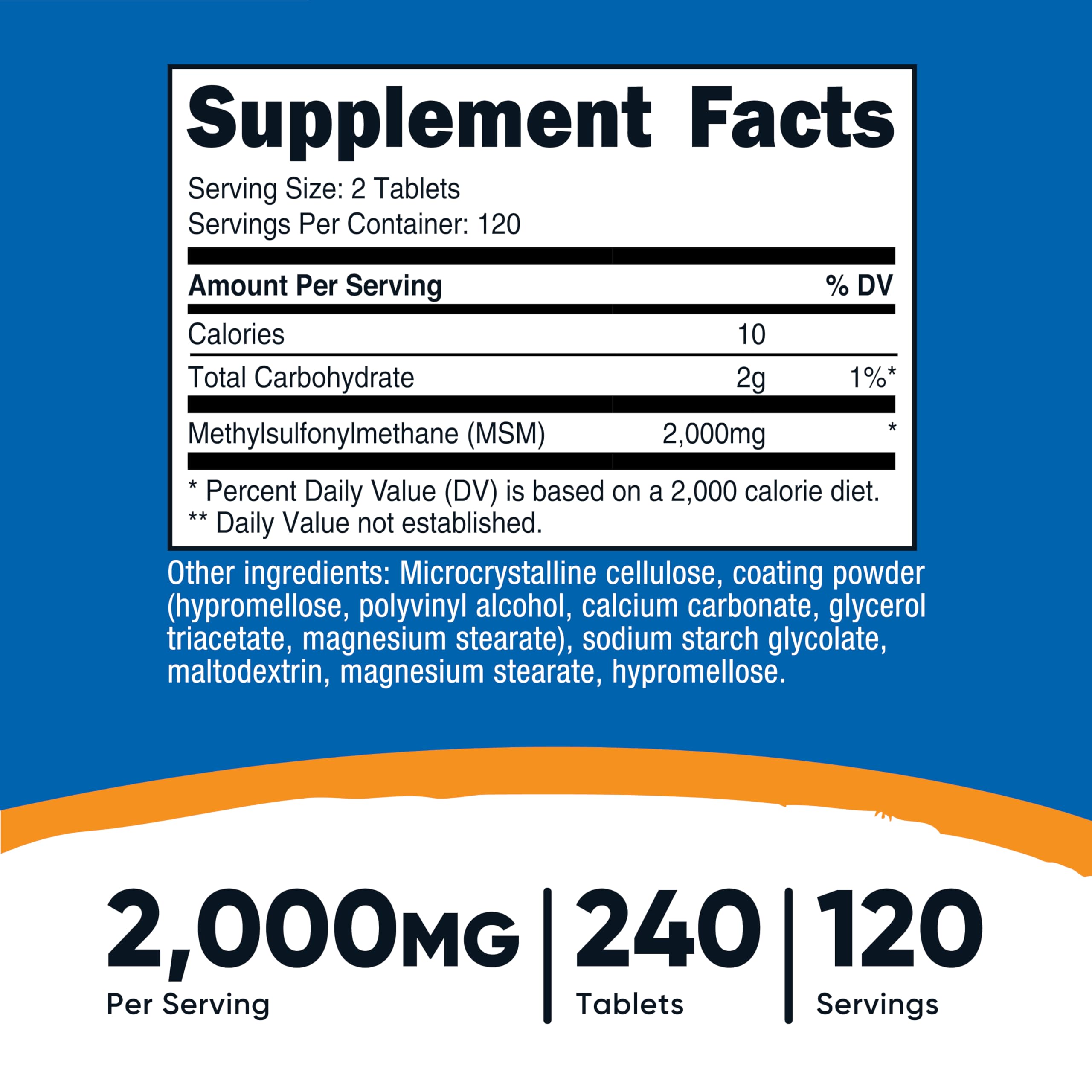 Nutricost MSM tablets bottle-back label shows non-GMO and gluten-free credentials
