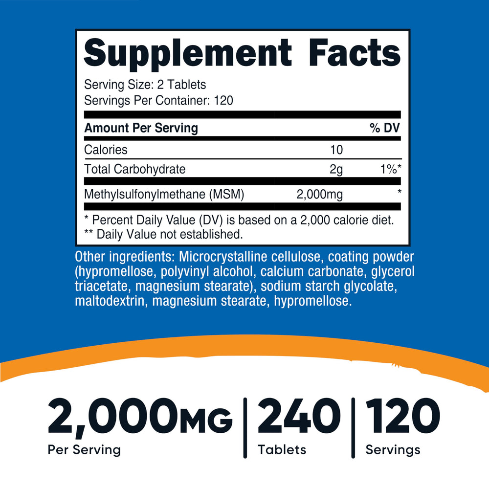 Nutricost MSM tablets bottle-back label shows non-GMO and gluten-free credentials