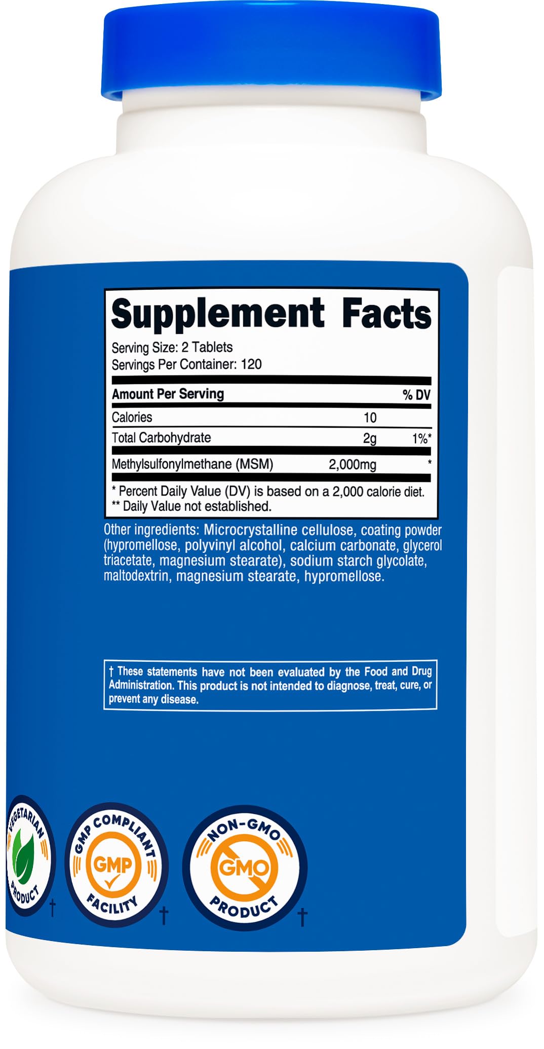 Nutricost MSM tablets ingredient glossary emphasizes GMP and FDA-registered production