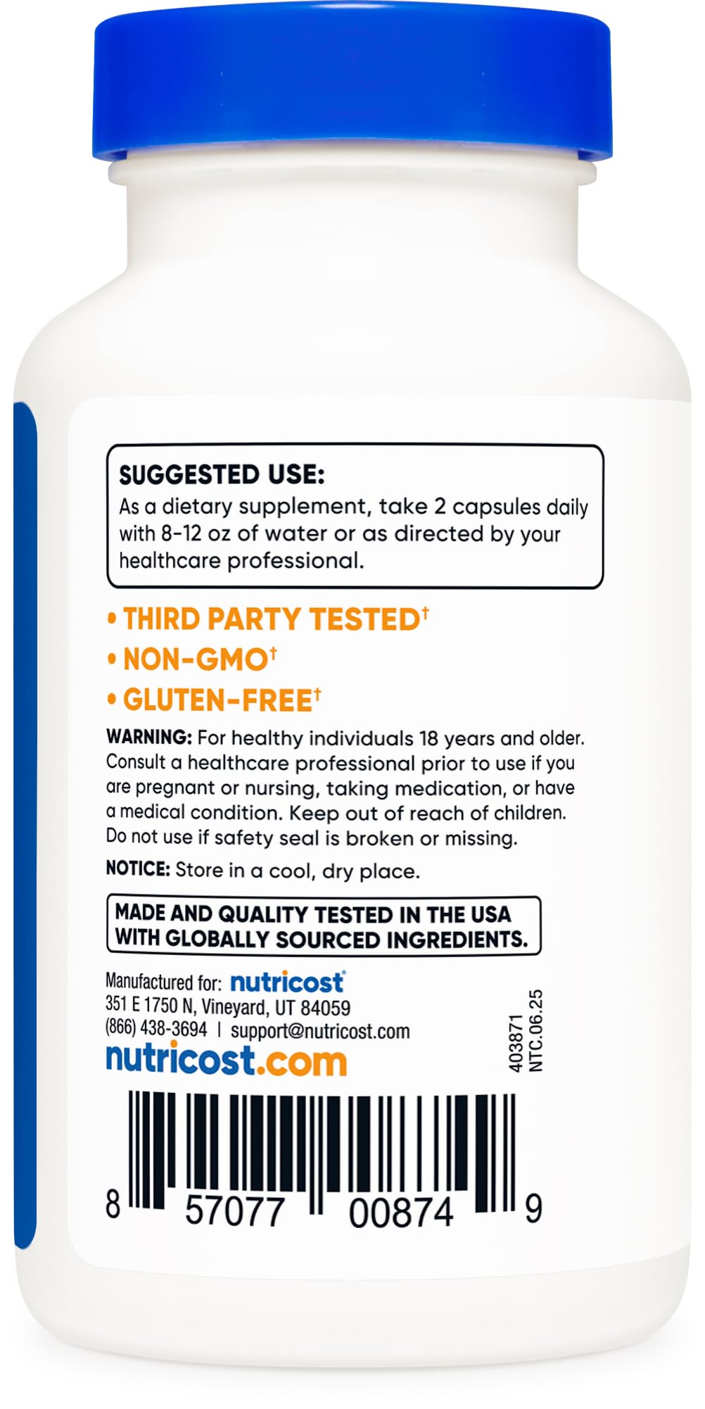Nutricost Mucuna Pruriens bottle label highlighting GMP and FDA facility.