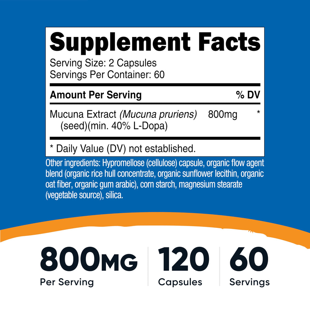 Nutricost Mucuna Pruriens capsules close-up, vegan-friendly format.
