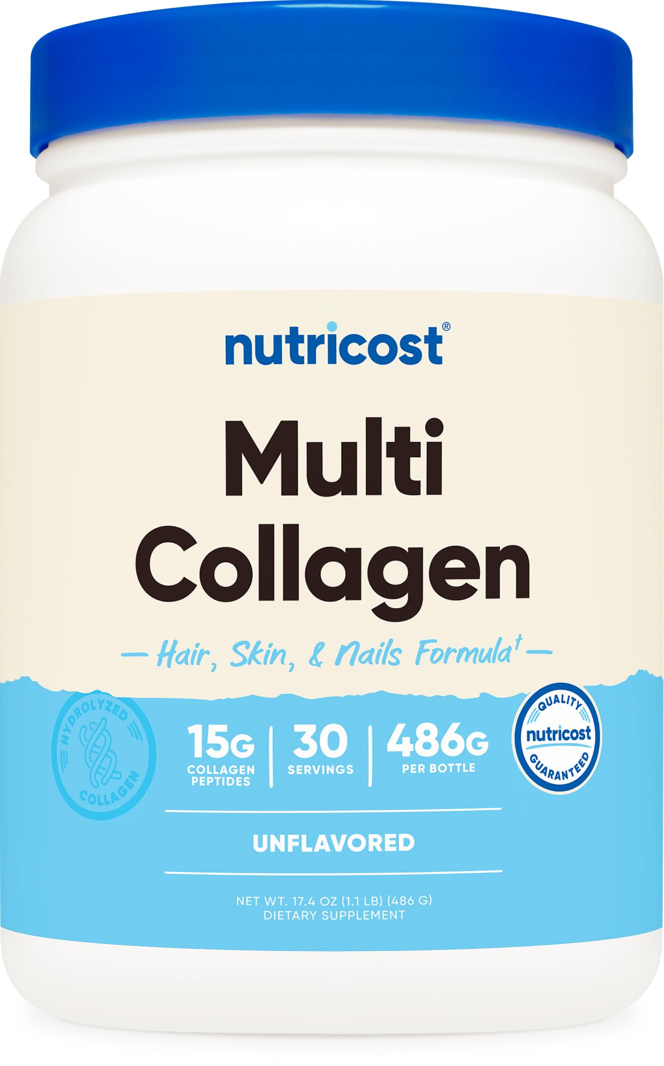 Nutricost Multi Collagen Unflavored bottle interior view highlights versatile powder for any drink