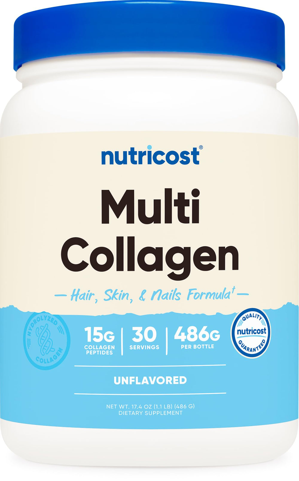 Nutricost Multi Collagen Unflavored bottle interior view highlights versatile powder for any drink