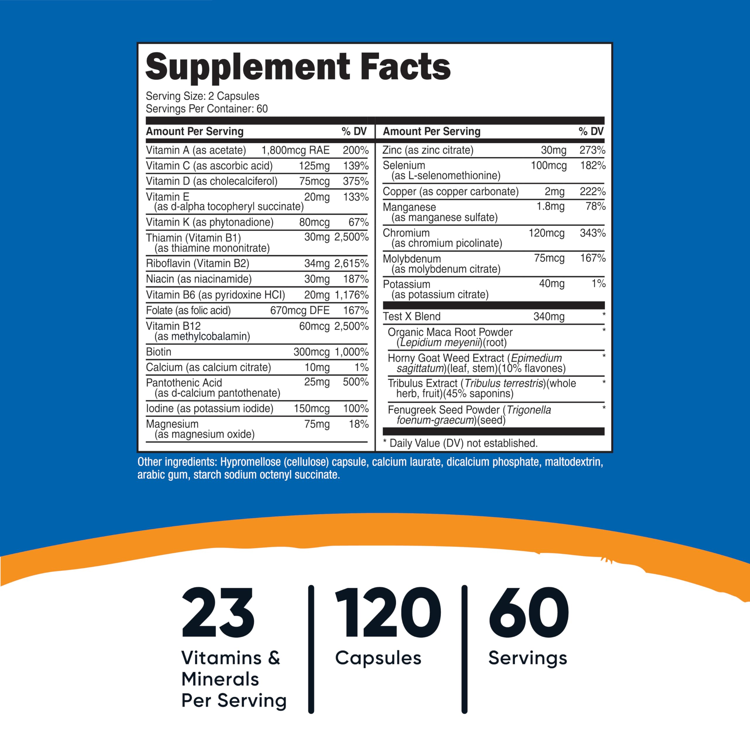 Nutricost Multivitamin for Men bottle label highlighting essential vitamins and minerals.
