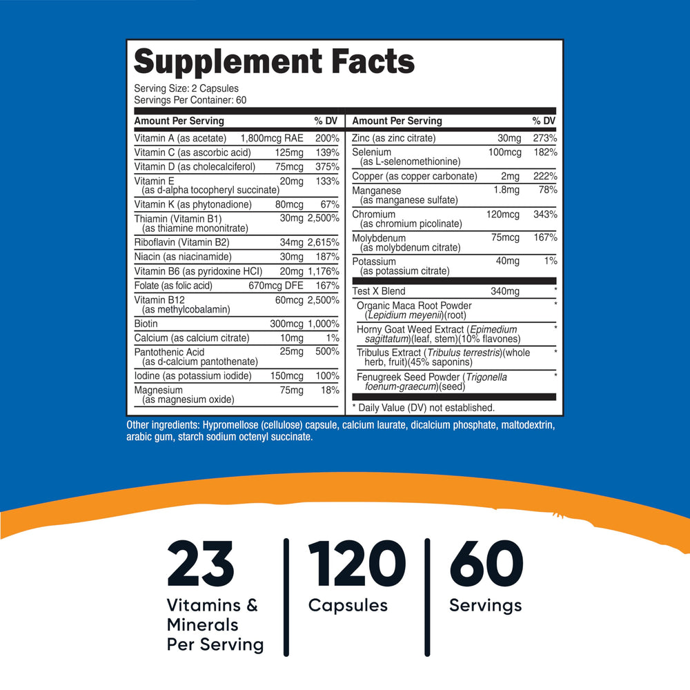 Nutricost Multivitamin for Men bottle label highlighting essential vitamins and minerals.