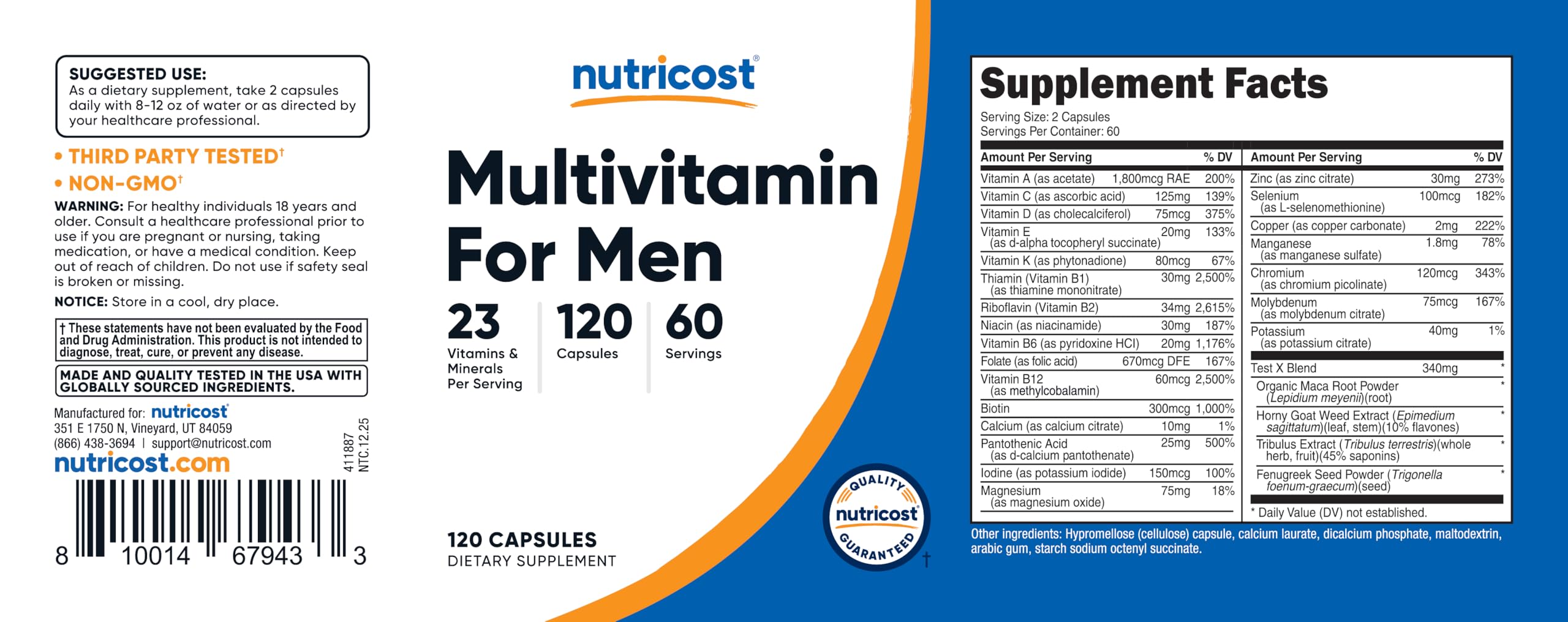 Nutricost Multivitamin for Men packaging box beside bottle for comprehensive protection.