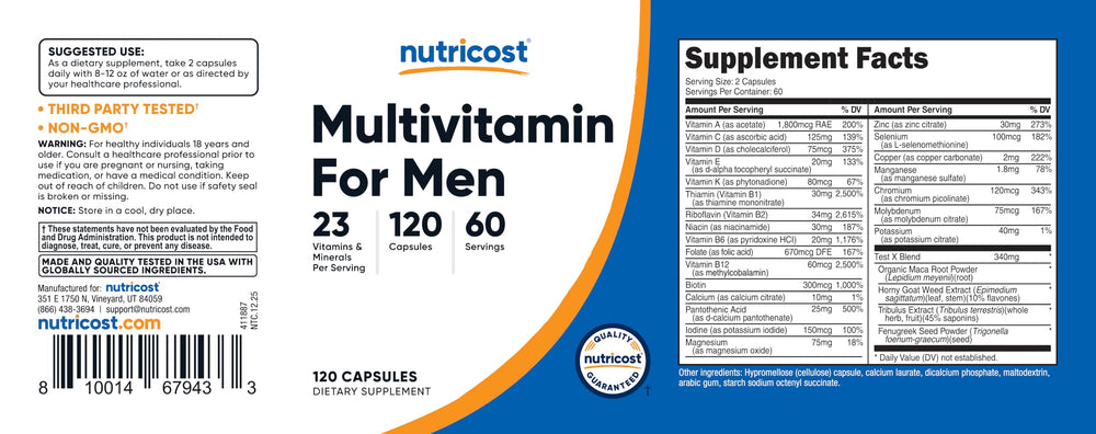 Nutricost Multivitamin for Men packaging box beside bottle for comprehensive protection.