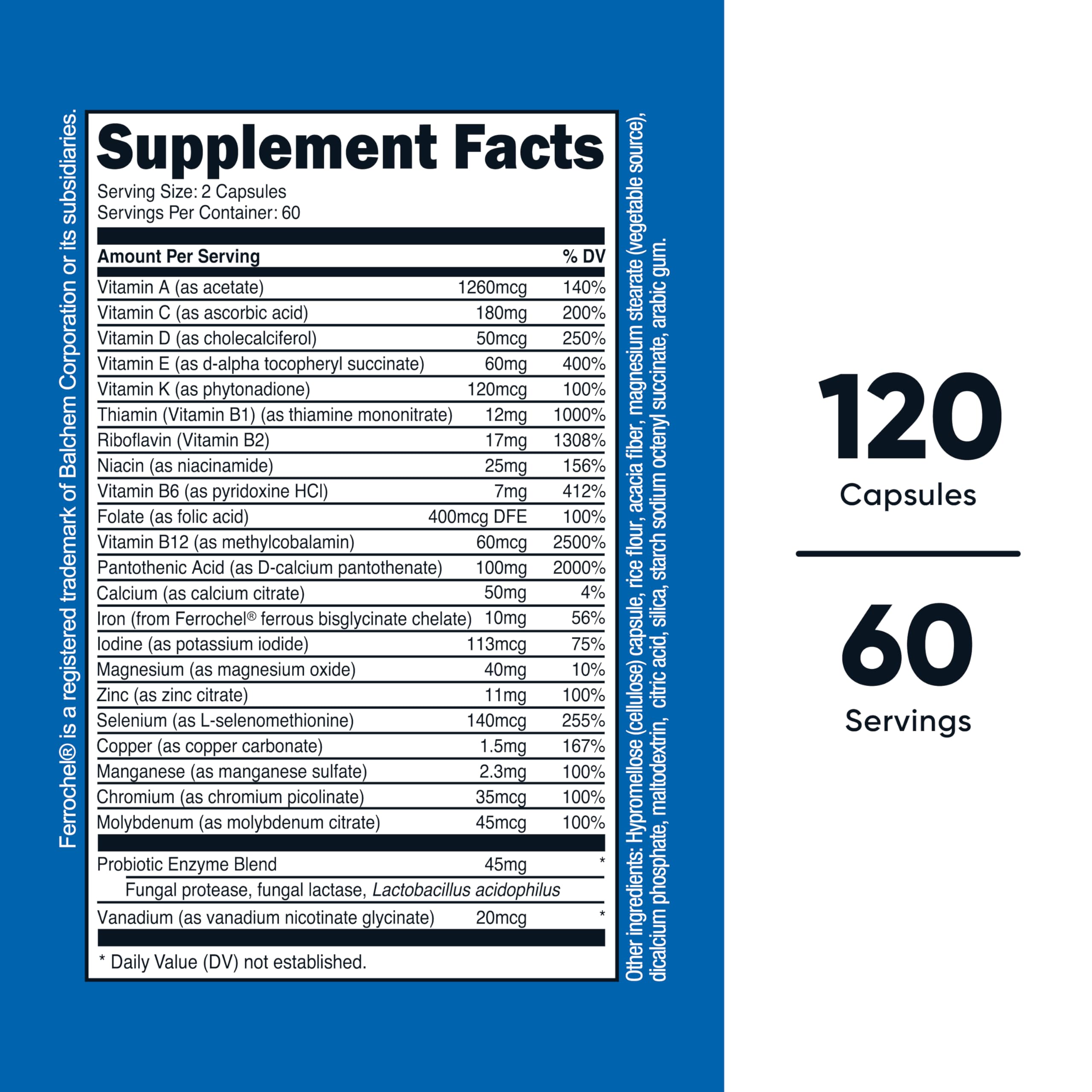 Nutricost Multivitamin capsules closeup highlighting probiotic blend for gut wellness.