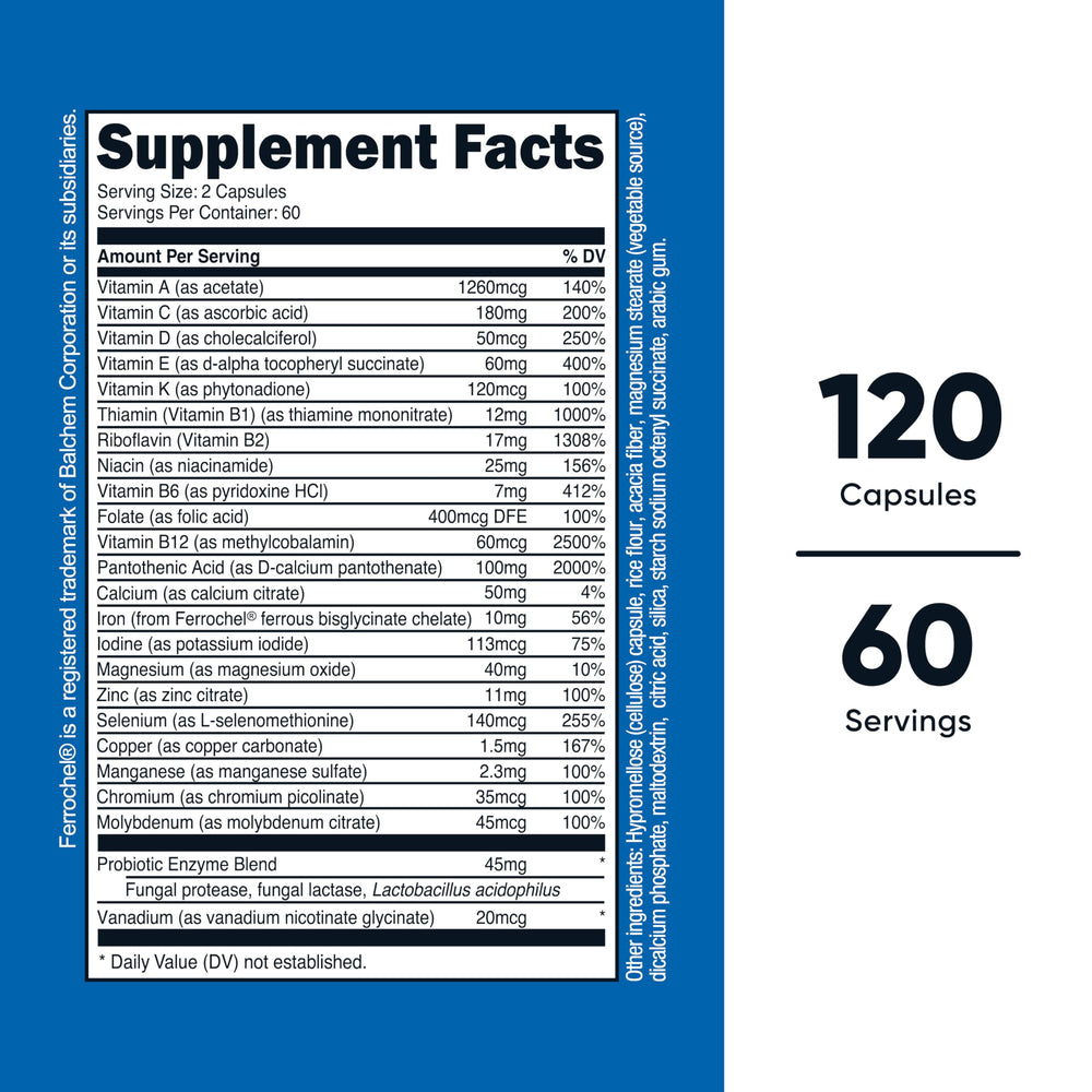 Nutricost Multivitamin capsules closeup highlighting probiotic blend for gut wellness.