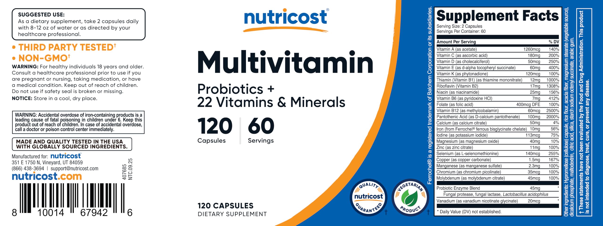 Nutricost Multivitamin ingredients glance highlights vitamins, minerals, and probiotics.