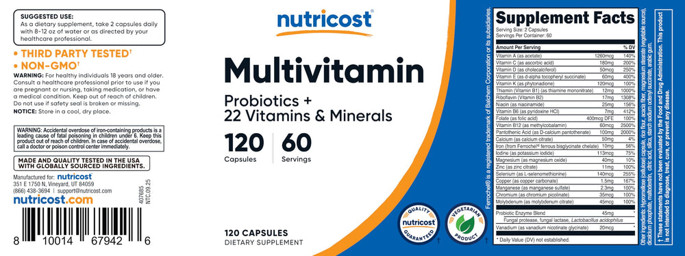 Nutricost Multivitamin ingredients glance highlights vitamins, minerals, and probiotics.