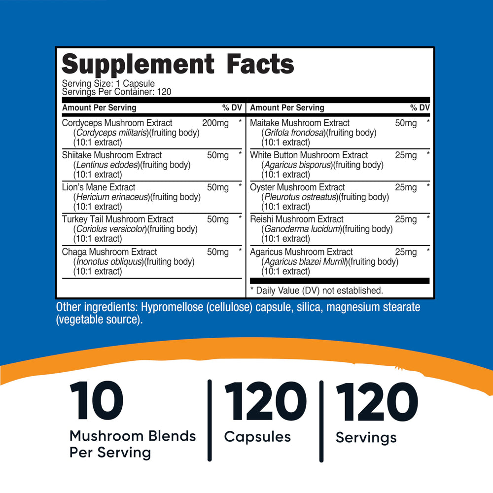 Close-up of Nutricost Mushroom Complex capsules highlighting easy daily servings